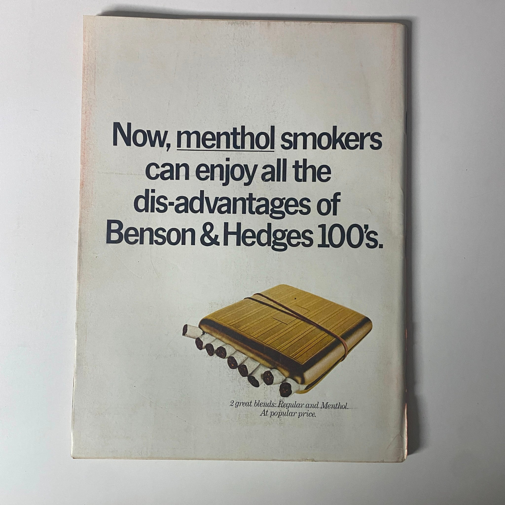 Advertisement for Benson & Hedges menthol cigarettes featured in Time Magazine April 14, 1967, highlighting the dis-advantages of smoking.