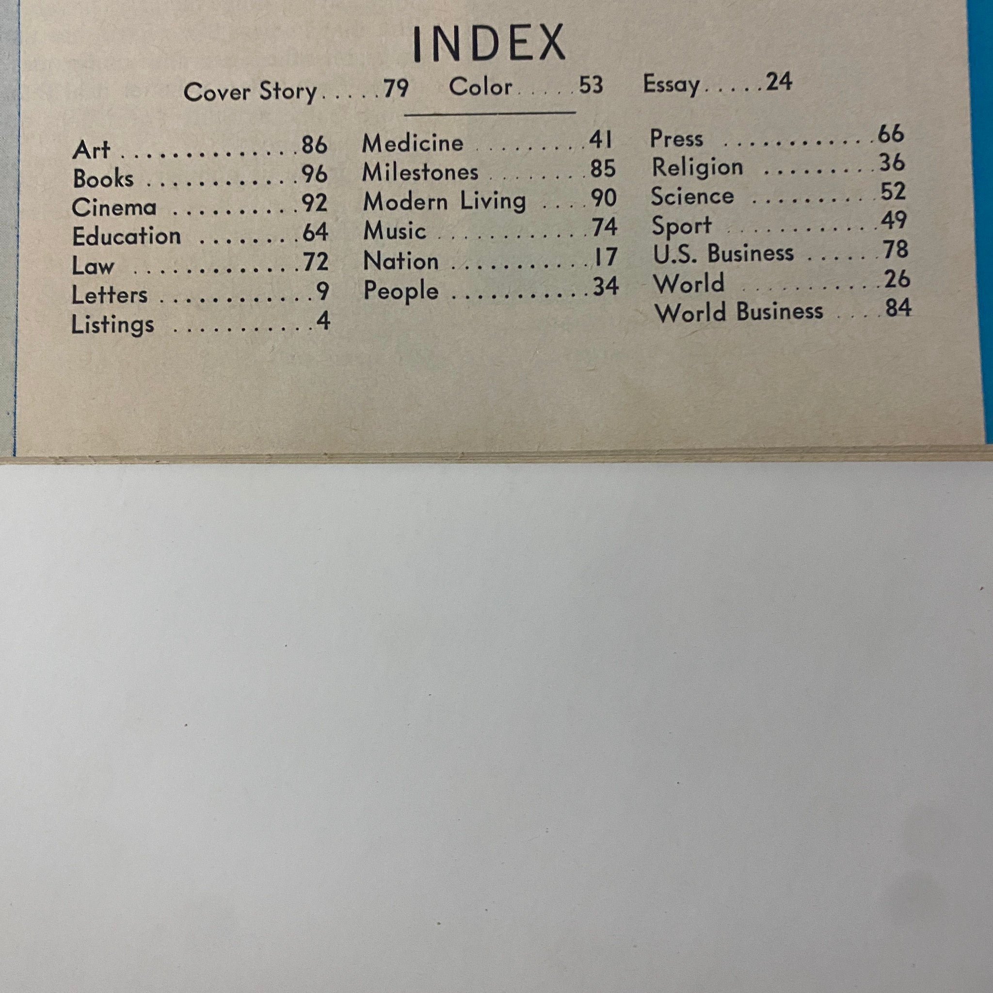 Table of Contents from Time Magazine March 31, 1967 issue showcasing various articles and subjects including art, medicine, and science.