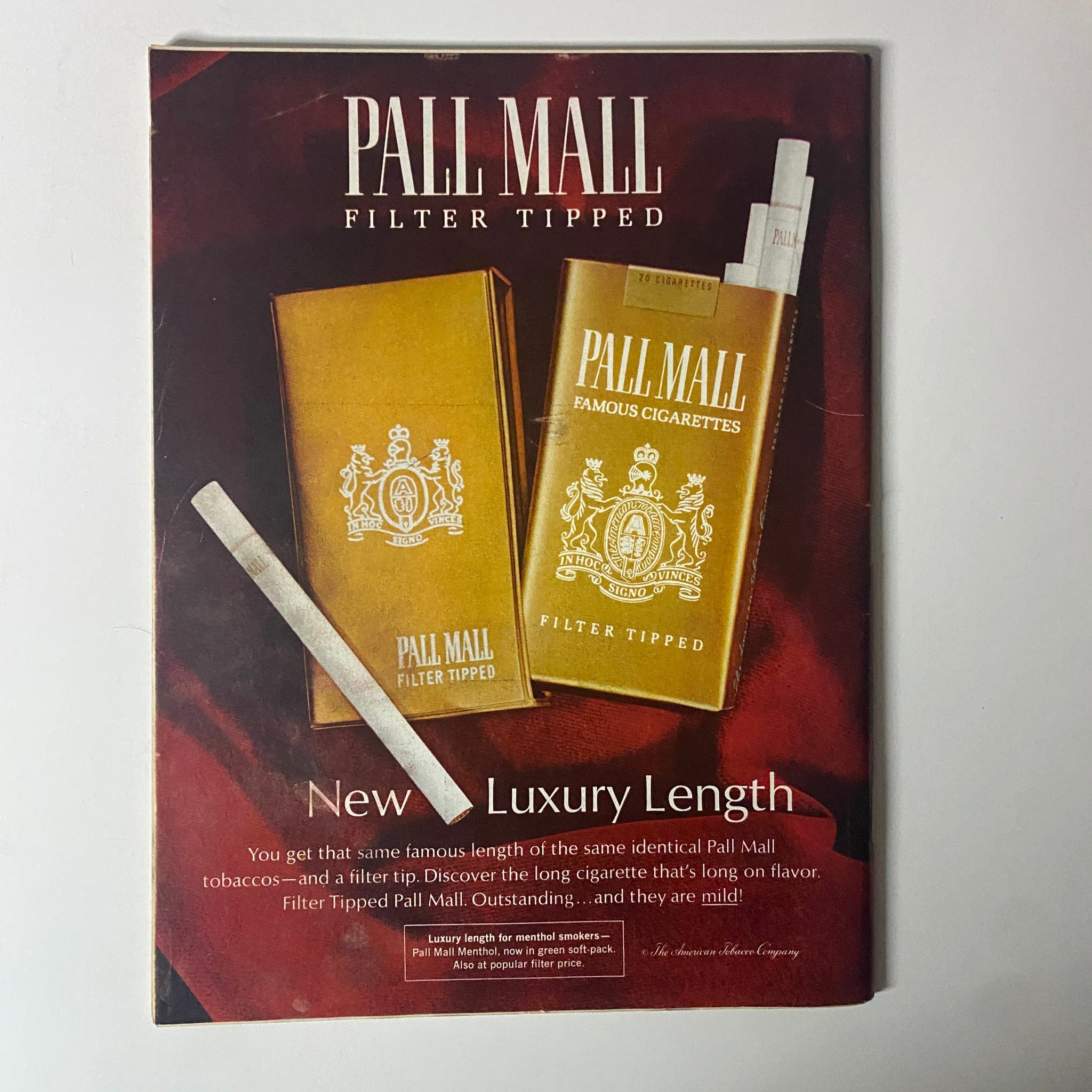 Pall Mall advertisement from Time Magazine March 31, 1967, promoting filter-tipped cigarettes and emphasizing their luxury length.