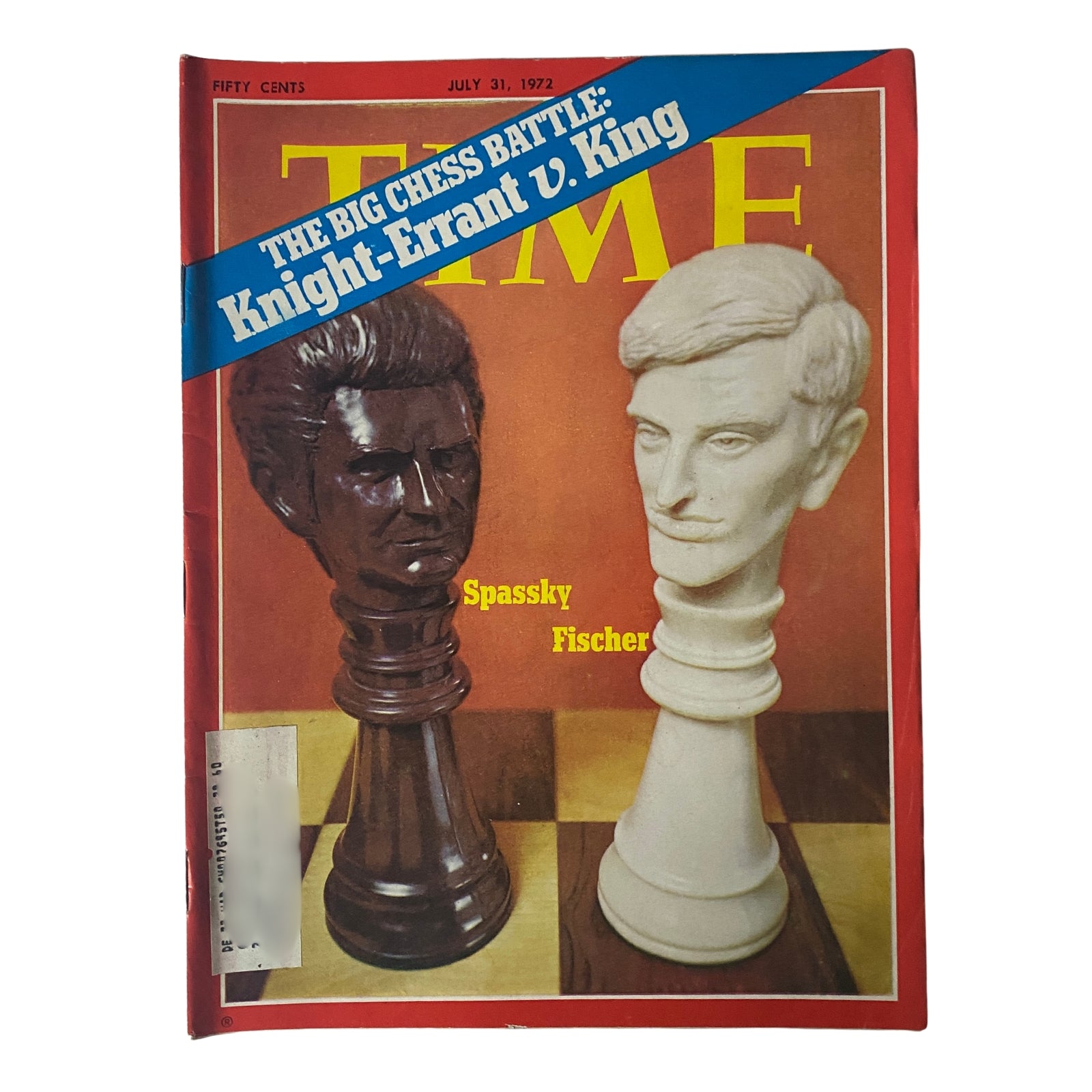 Time Magazine cover from July 31, 1972 featuring 'The Big Chess Battle: Knight-Errant v King' with sculptures representing Spassky and Fischer.