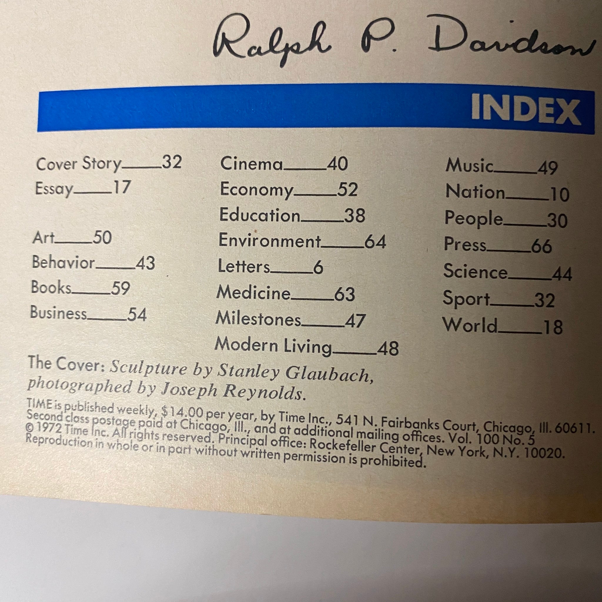 Index page from Time Magazine July 31, 1972, detailing articles including 'The Big Chess Battle: Knight-Errant v King' and various subjects such as Economy and Environment.