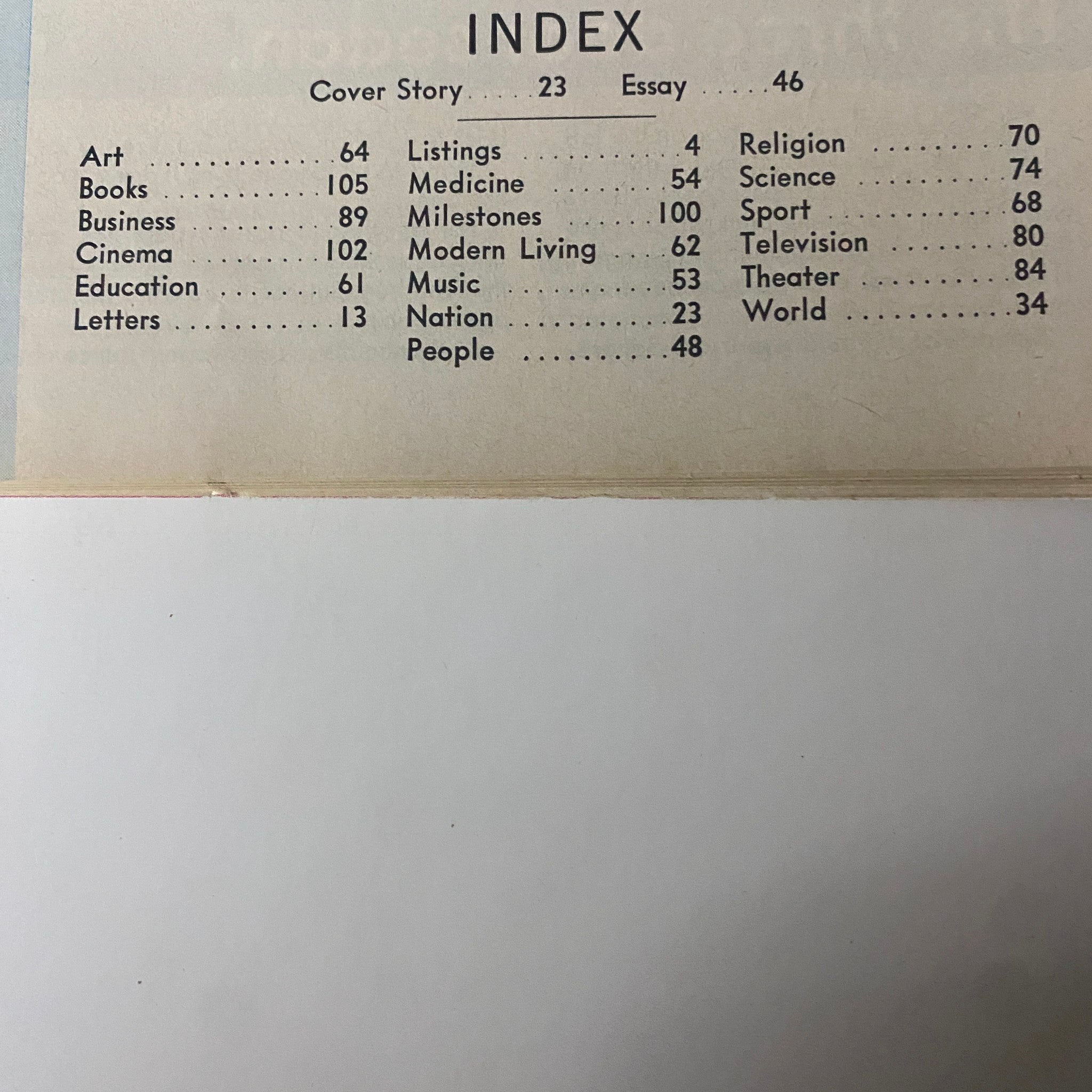 Index page from Time Magazine October 27, 1967, detailing articles including cover story on Marchers at Lincoln Memorial.