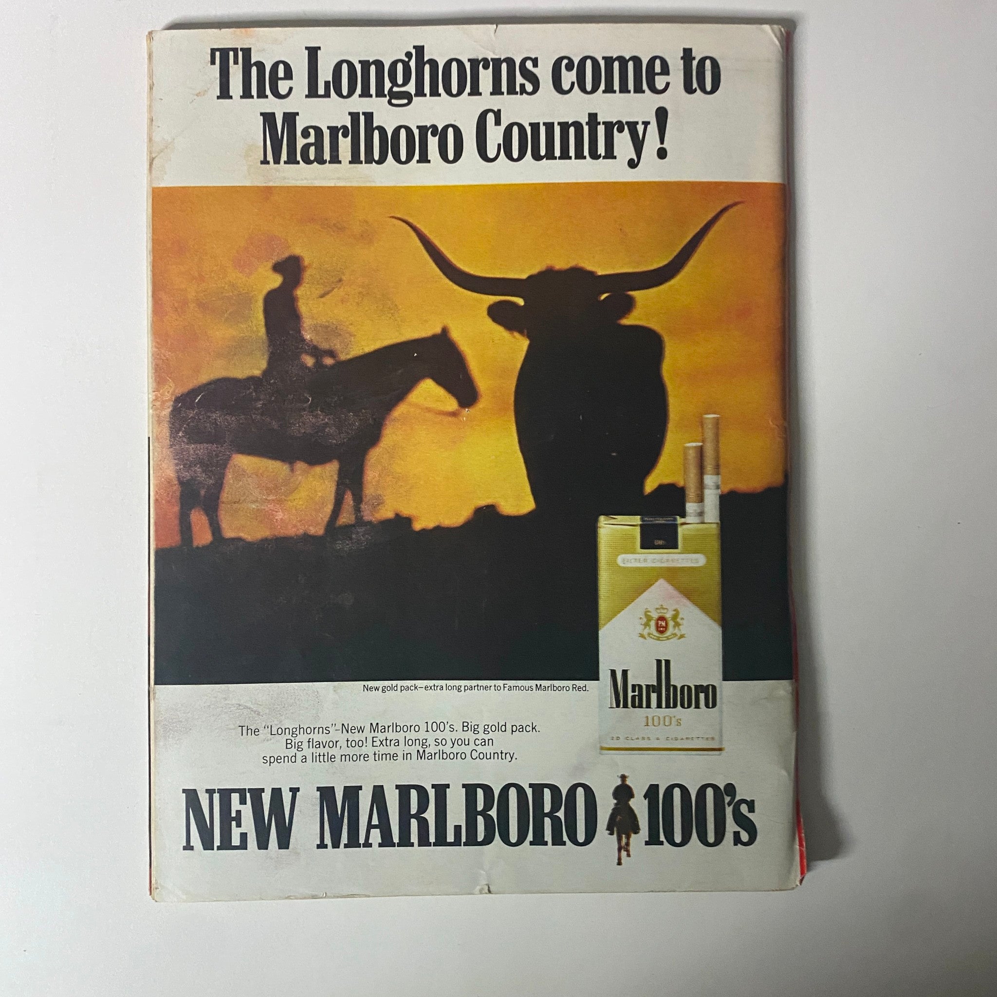Advertisement for Marlboro 100's cigarettes featured in Time Magazine October 27, 1967 issue.