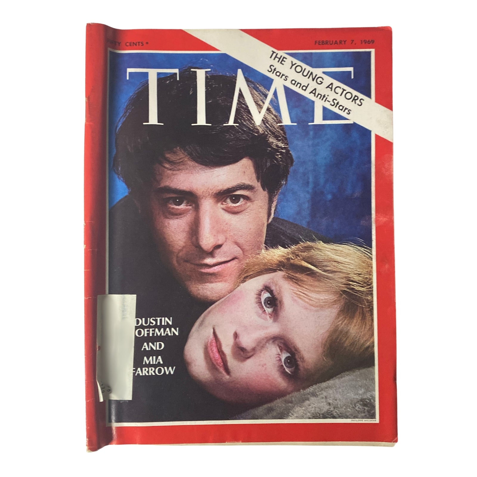 Cover of Time Magazine, February 7, 1969, featuring Dustin Hoffman and Mia Farrow, highlighting their influence as rising Hollywood stars.
