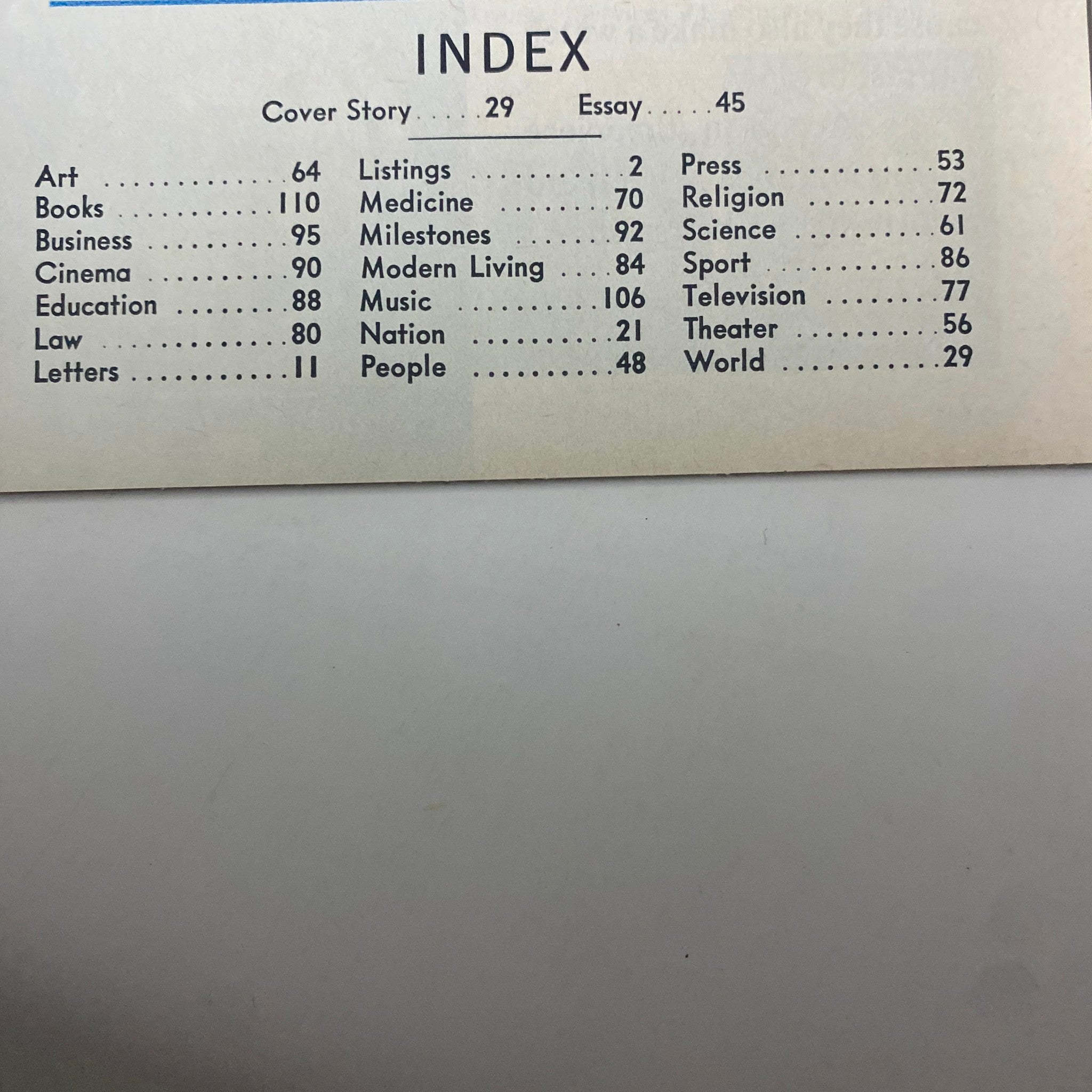 Index page of Time Magazine from November 24, 1967, featuring cover story and essay page numbers. The magazine includes sections on art, education, science, and politics.