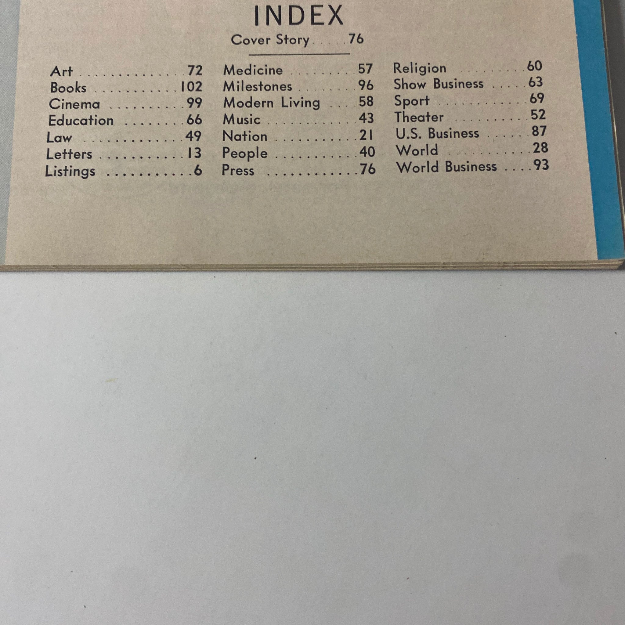 Index page from Time Magazine March 3, 1967, Vol 89 No. 9 listing articles including the cover story on Playboy's Hugh Hefner, covering topics like Art, Medicine, and Sports.