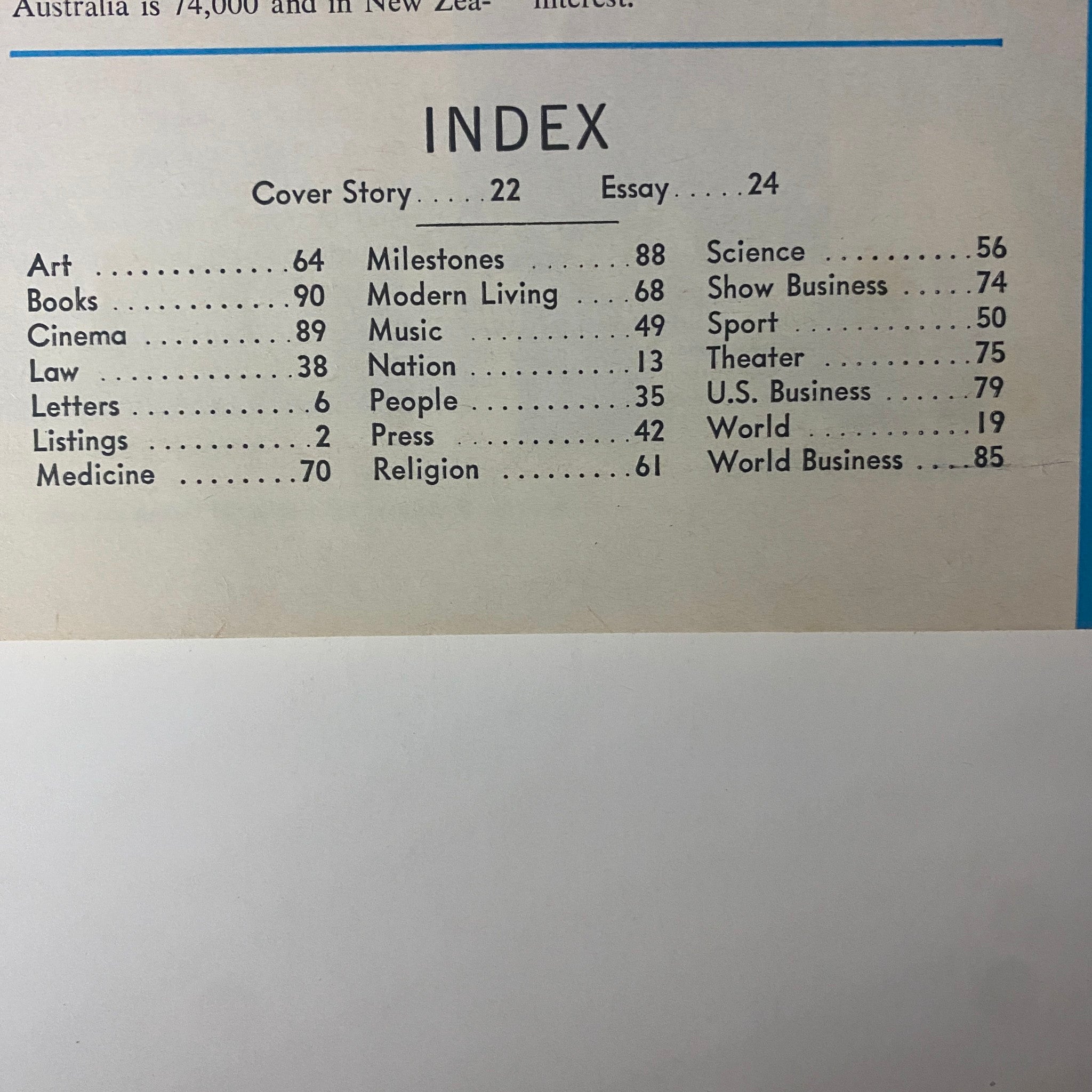 Index page from the July 14, 1967 issue of Time Magazine (Vol 90 No. 2) highlighting key articles including 'Cover Story' and 'Essay'.