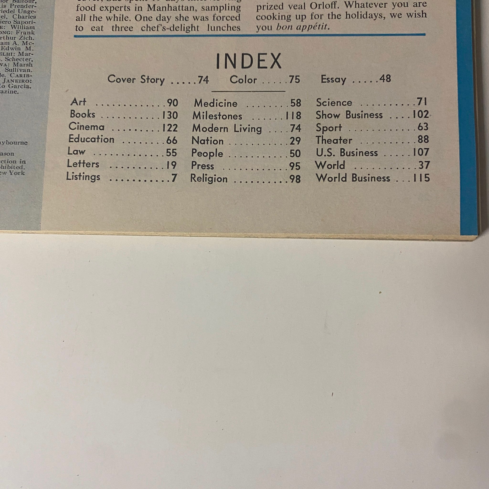 Index page from Time Magazine November 25, 1966 Vol 88 No. 22, listing articles including Julia Child's cover story and various topics relevant to modern living, culture, and society.