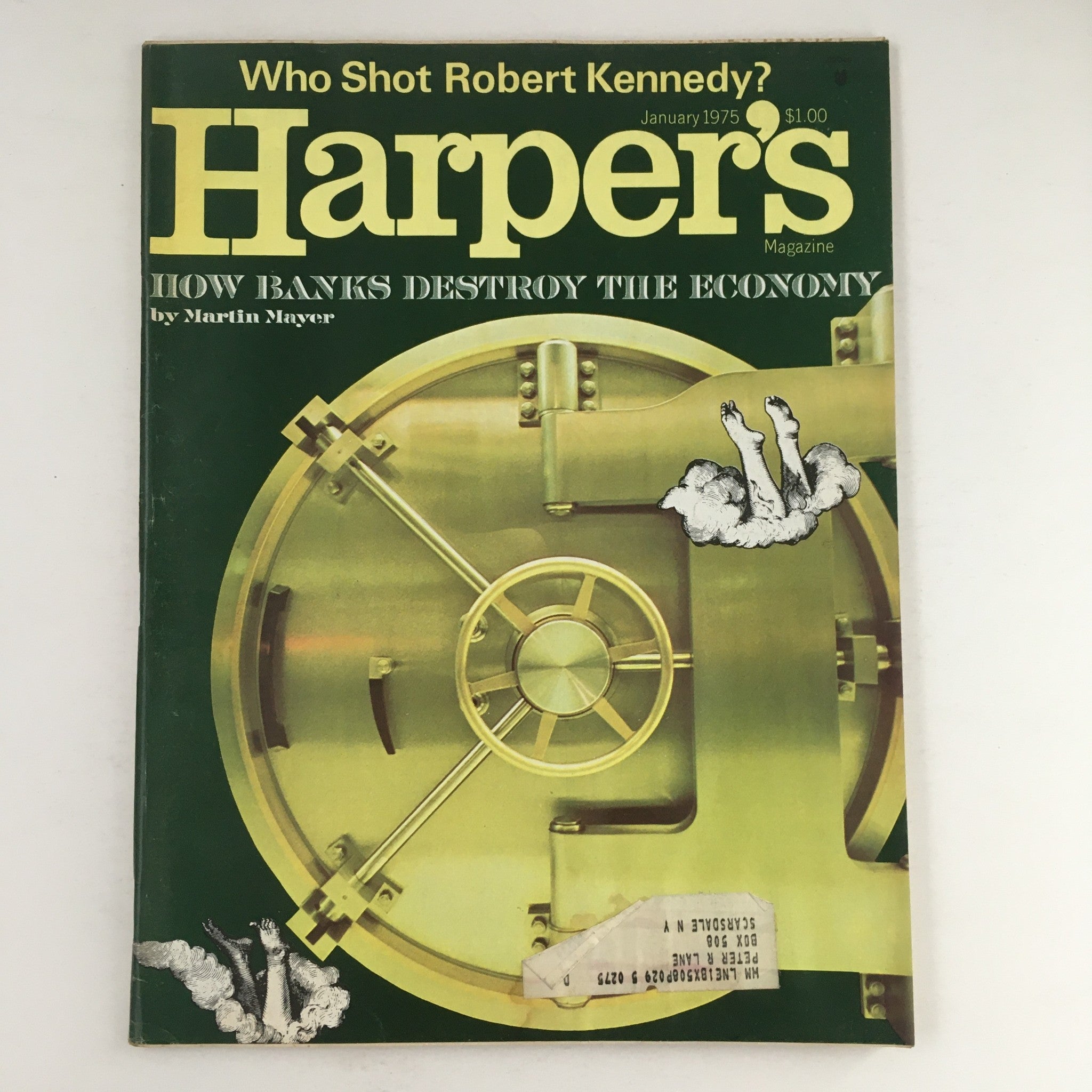 January 1975 cover of Harper's Magazine featuring the title 'Who Shot Robert Kennedy?' and an article on 'How Banks Destroy the Economy'. The cover includes imagery of a bank vault and striking graphic elements.