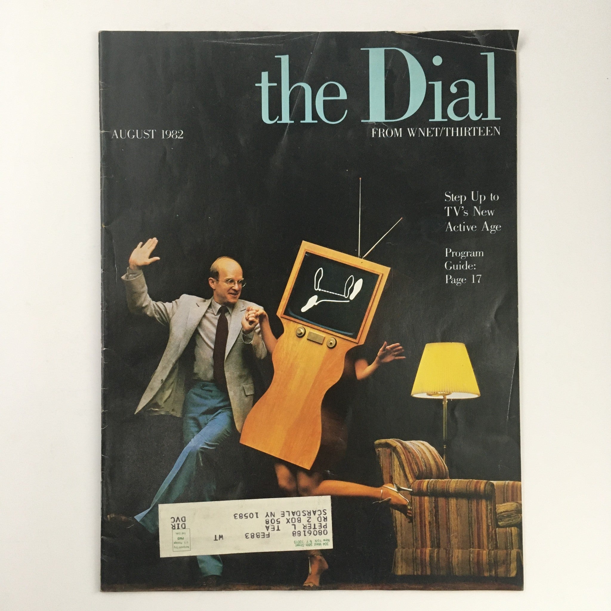 The Dial Magazine August 1982 cover featuring a creative design with a man dancing and a vintage TV head, highlighting the theme 'Step Up To TV's New Active Age' and program listing details.