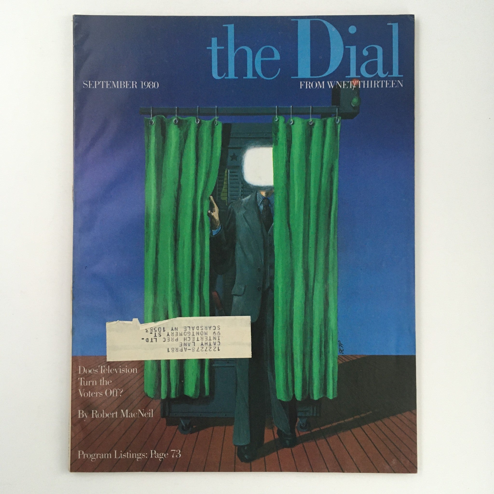 The Dial Magazine September 1980 cover featuring an artistic portrayal of a man in a suit holding a green curtain, with a TV set displaying a blank screen. The main headline reads 'Does Television Turn the Voices Off?' by Robert MacNeil, reflecting the magazine's exploration of television's impact on society.