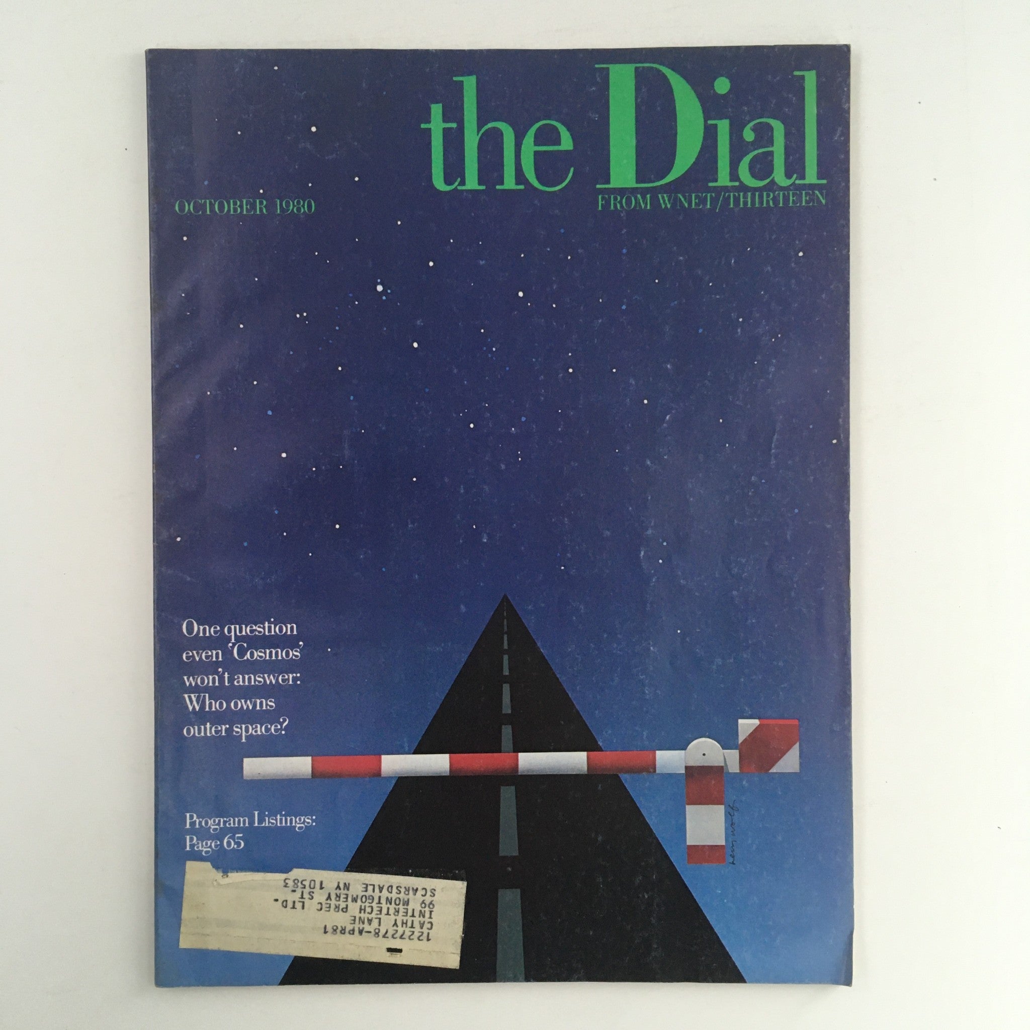 Cover of The Dial Magazine October 1980 titled 'Who Owns Outer Space?' featuring a night sky with stars and a visual of a road barrier.