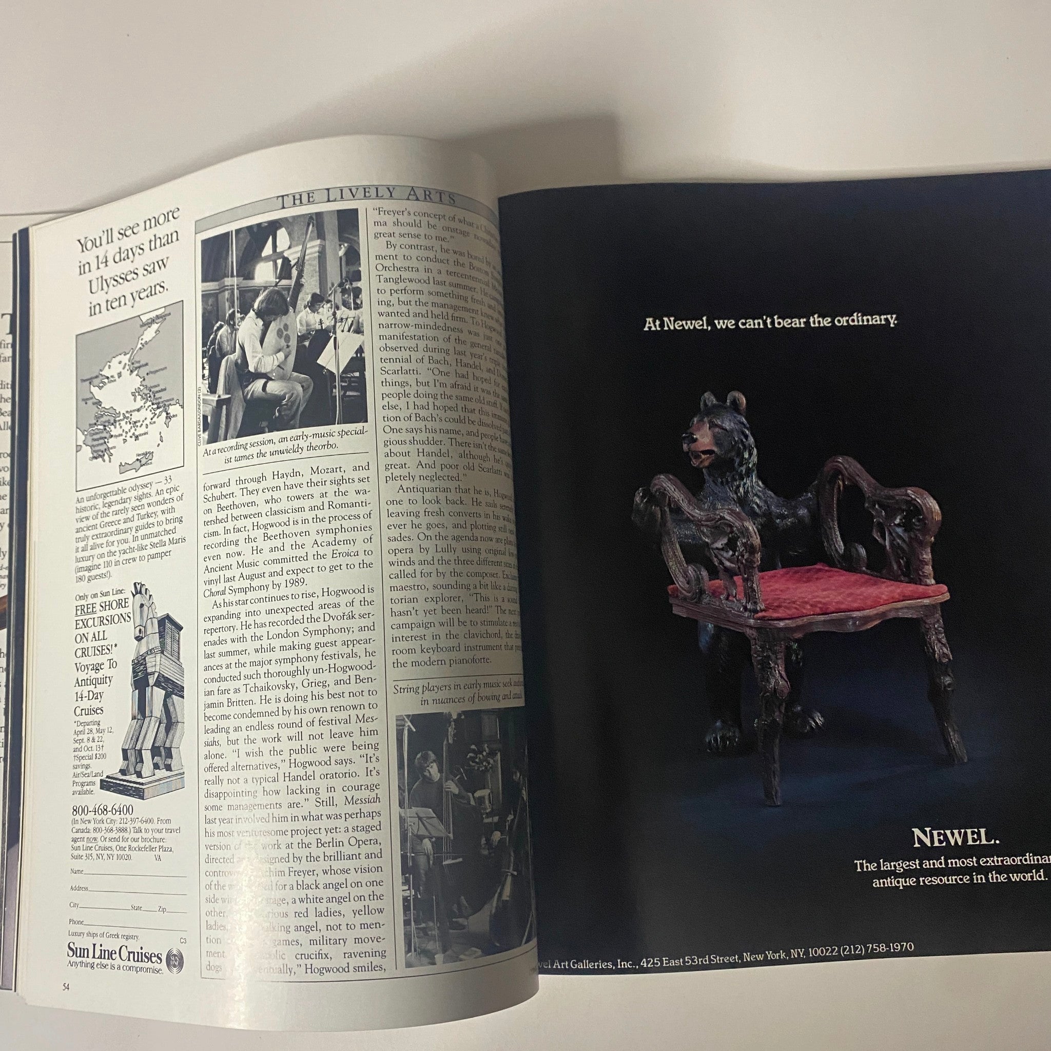 Inside view of Connoisseur Magazine March 1986 featuring an article related to the arts, including vintage advertisements and cultural insights.