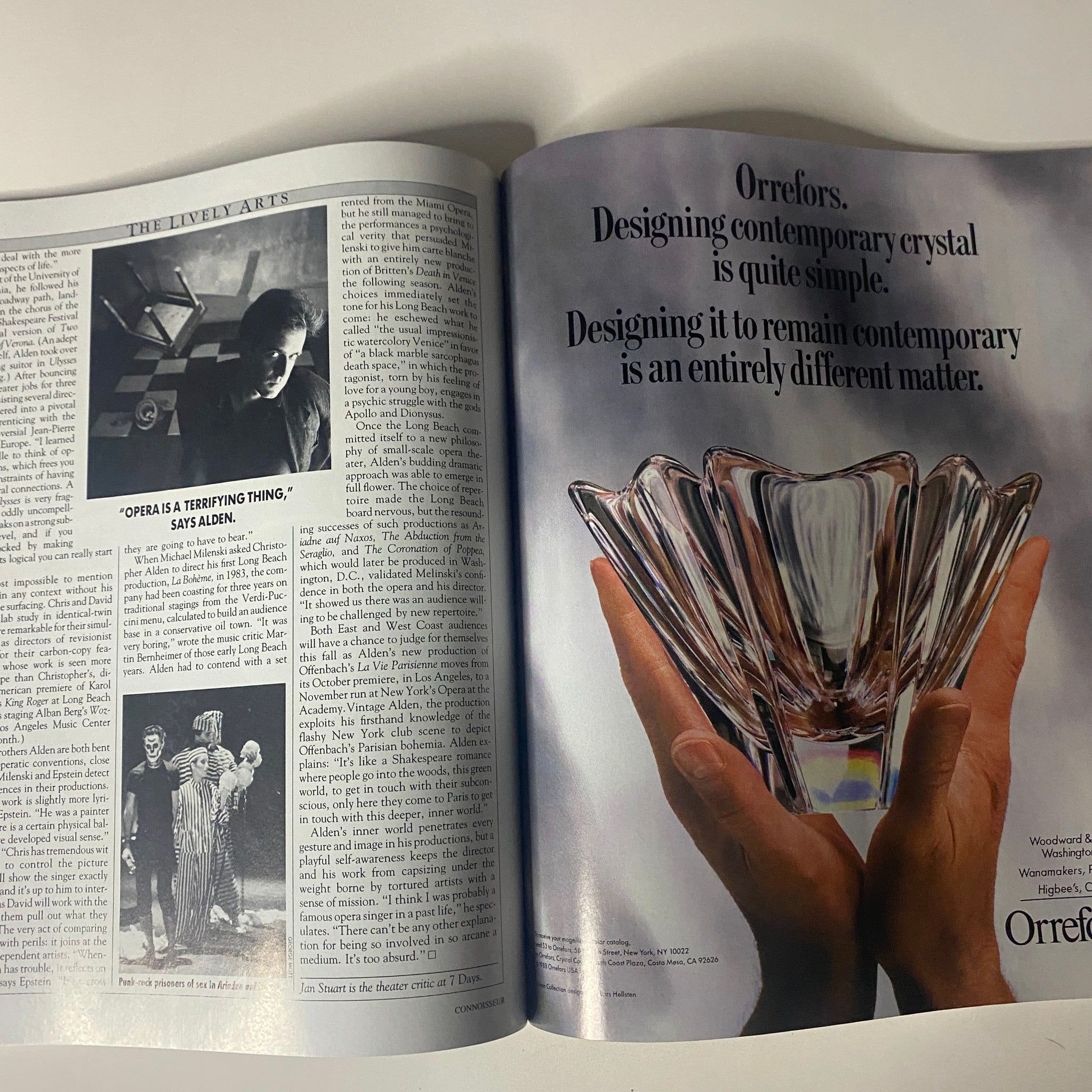 Inside page from Connoisseur Magazine November 1988, featuring an article discussing the lively arts and contemporary crystal design.