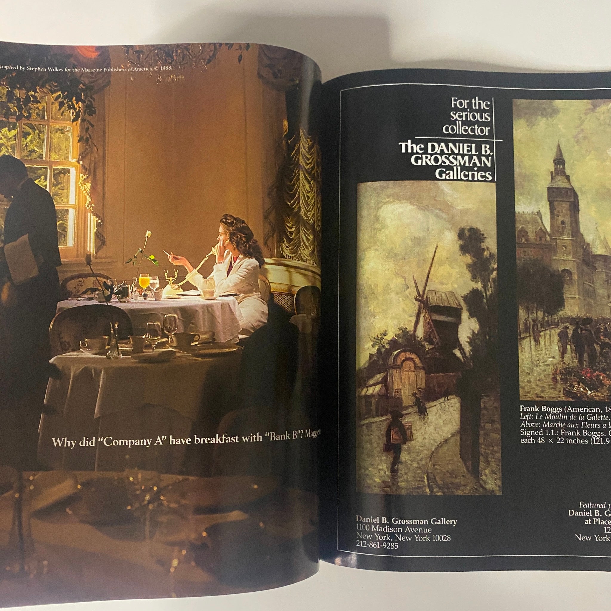 An elegant dining scene from Connoisseur Magazine, October 1988 highlighting fine dining and art appreciation, showcasing luxury lifestyle themes.