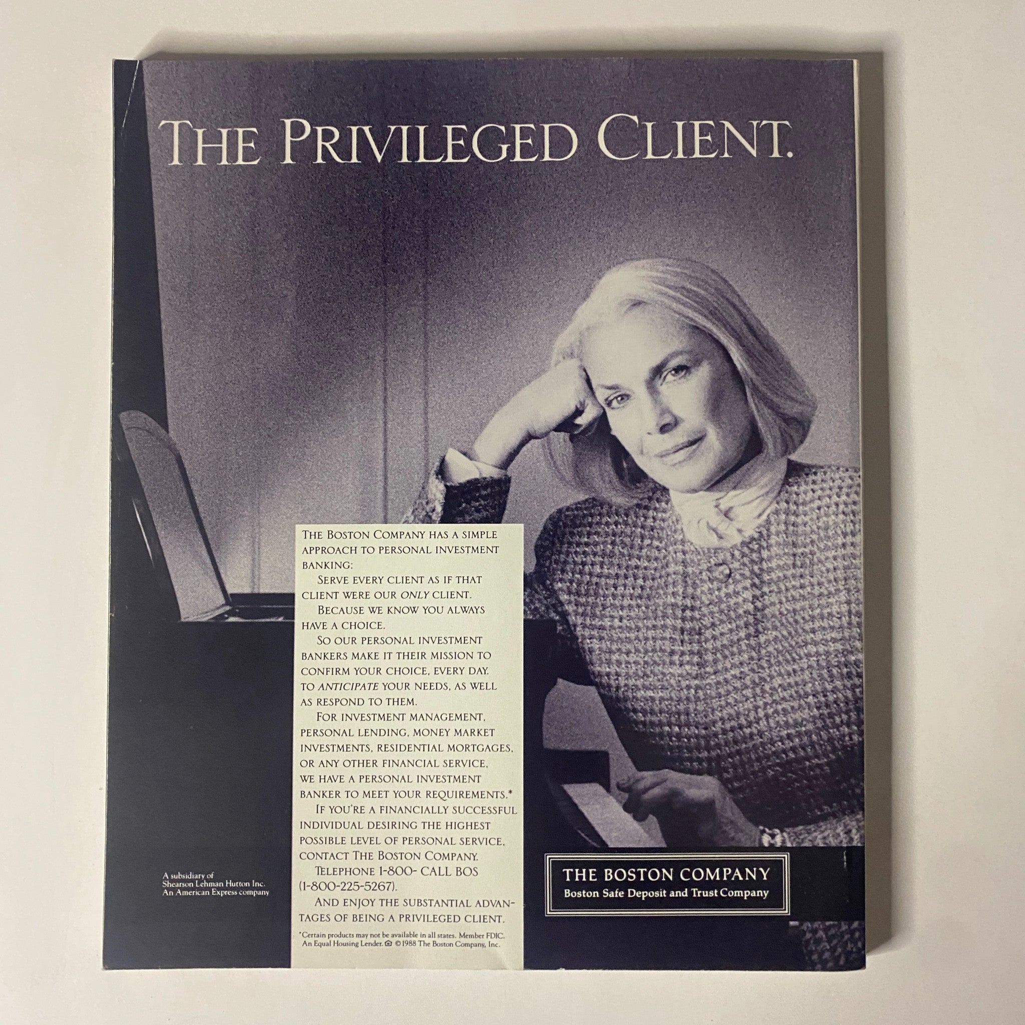 Back cover of Connoisseur Magazine, October 1988 featuring an advertisement for The Boston Company, emphasizing personal investment banking in an elegant design.