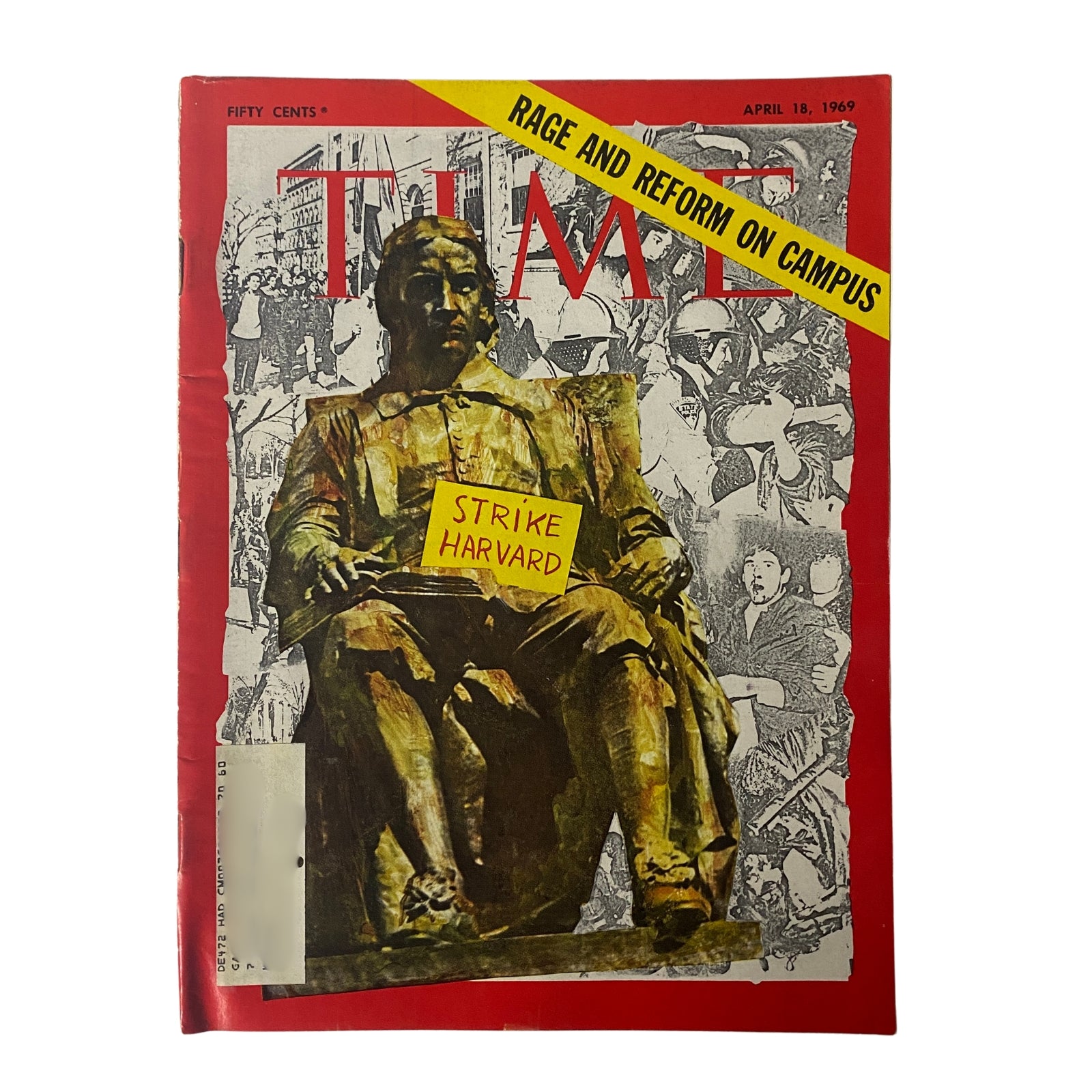 Time Magazine cover from April 18, 1969, featuring the title 'Rage and Reform on Campus' with a central image of a statue and protest message 'Strike Harvard'.
