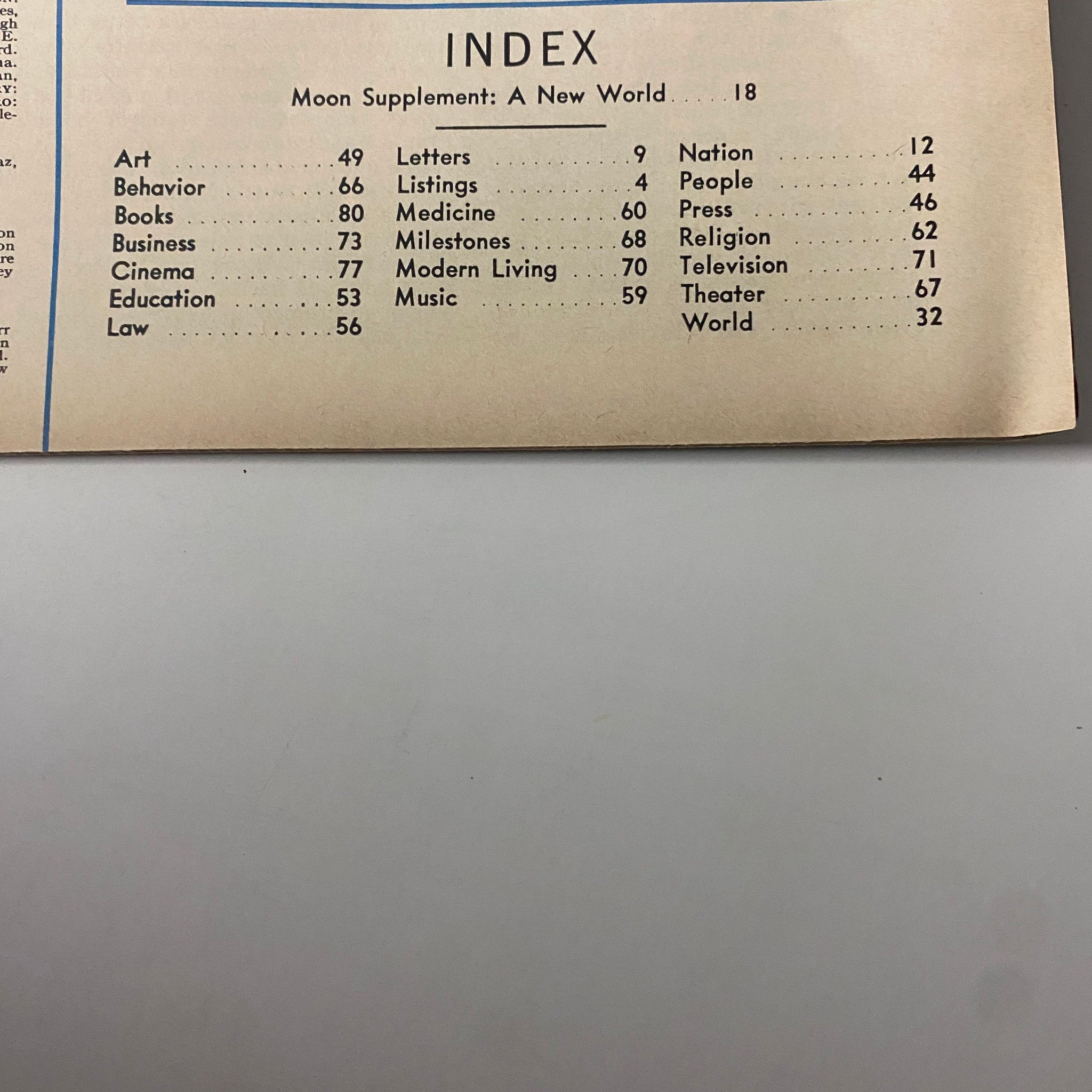 Index page of Time Magazine's July 18, 1969 issue featuring 'To The Moon' special supplement, listing various articles and topics covered in the publication.