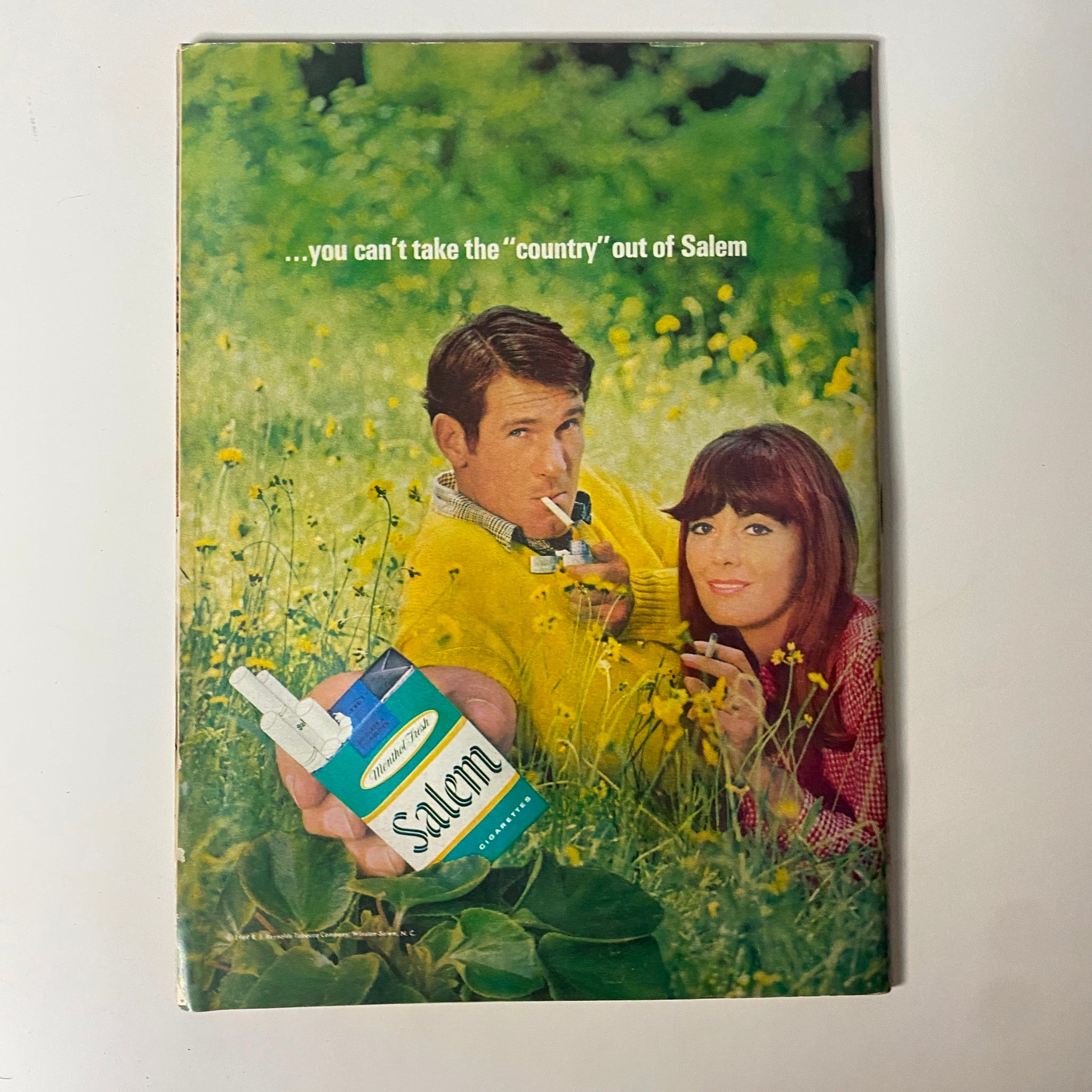 Vintage advertisement featuring a man and woman enjoying cigarettes in a field of flowers, promoting the slogan '...you can't take the 'country' out of Salem,' showcasing the nostalgic allure of Salem cigarettes.