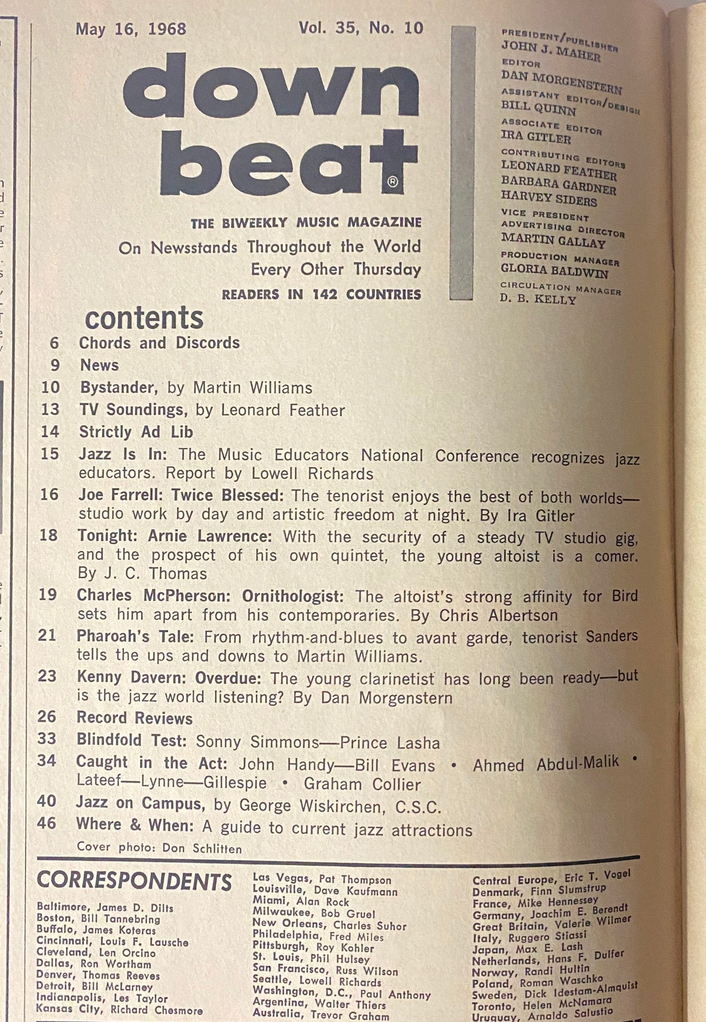 Down Beat Magazine May 16, 1968 Charles McPherson, Arnie Lawrence & Joe Farrell