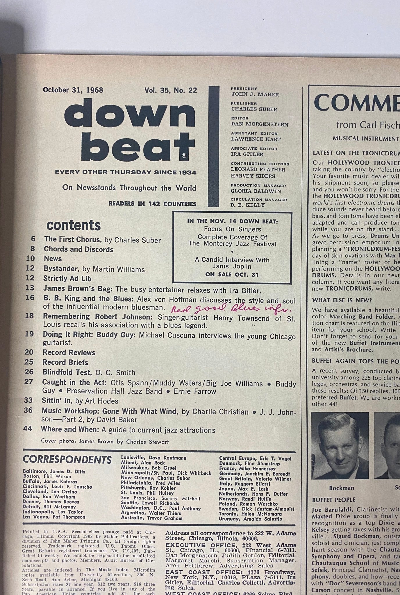 Down Beat Magazine October 31, 1968 James Brown, Buddy Guy and B.B. King