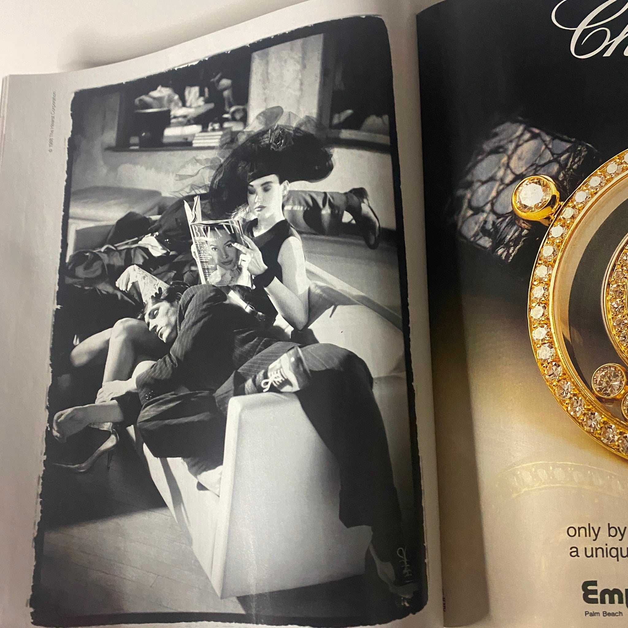 Connoisseur Magazine April 1989 featuring a stylish black and white photograph of models lounging on a sofa, one reading a magazine and showcasing high-fashion elements.