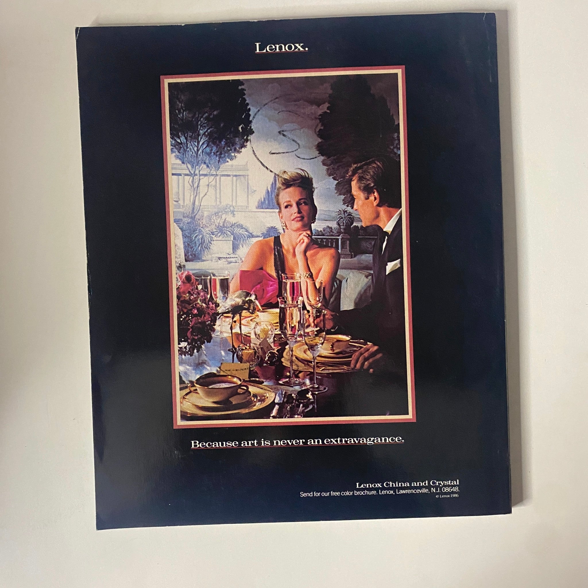 Back cover of Connoisseur Magazine June 1987 showcasing an advertisement for Lenox featuring an elegant dinner setting, underlining themes of luxury and lifestyle.
