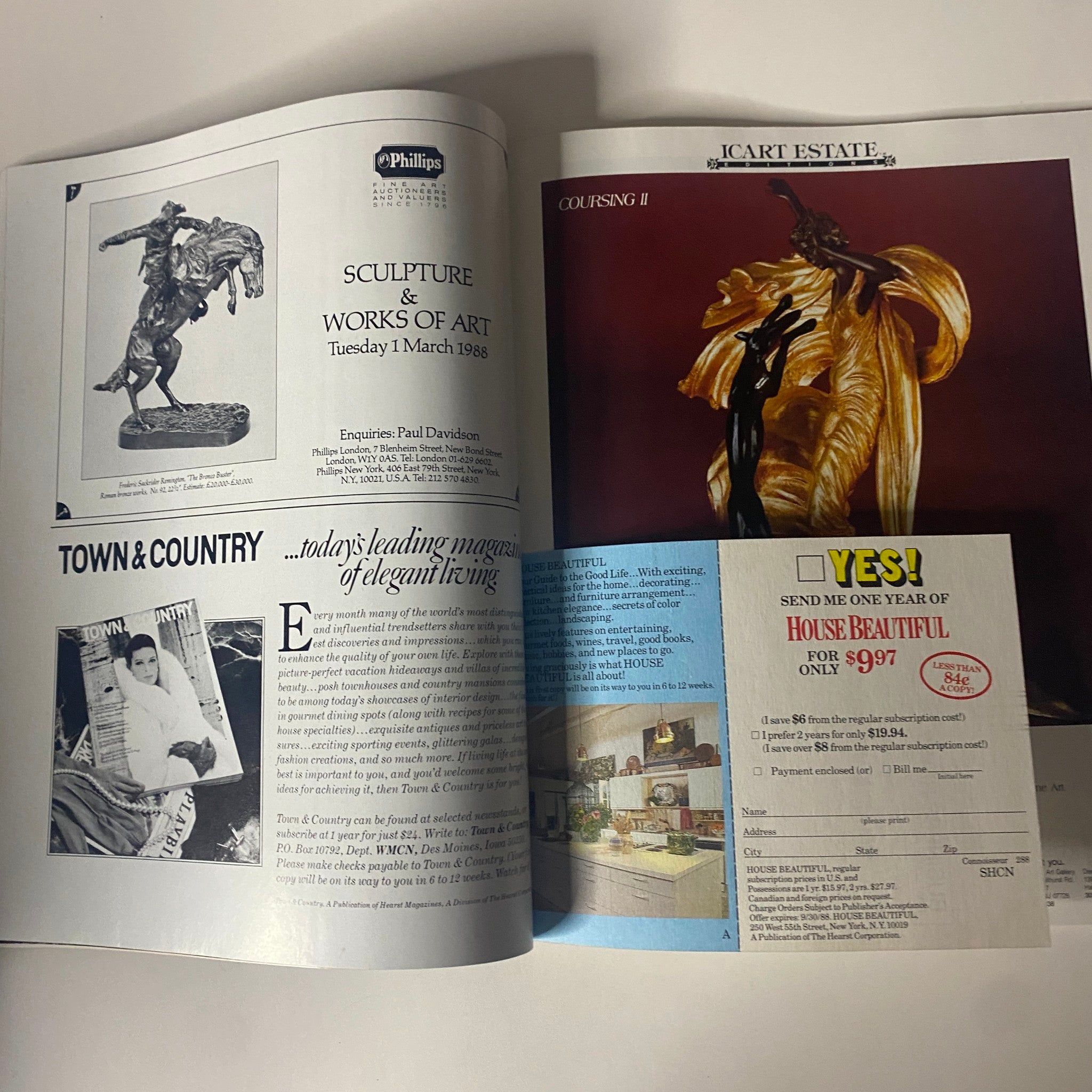 Interior pages of Connoisseur Magazine February 1988 presenting advertisements for art auctions and elegant living, reflecting the magazine's focus on luxury and design.
