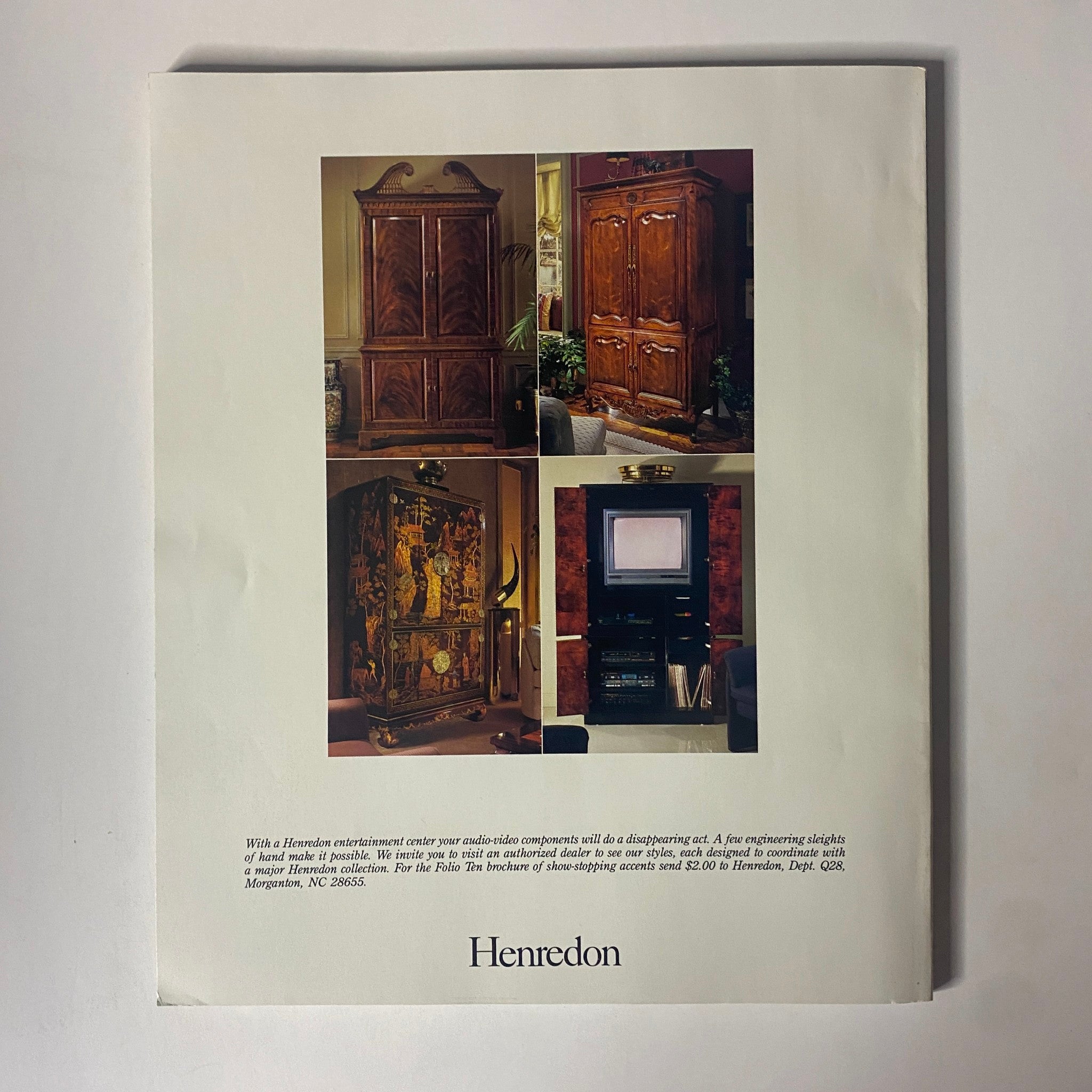 Back cover of Connoisseur Magazine February 1988 featuring a Henredon furniture advertisement, showcasing exquisite craftsmanship and elegant home decor.
