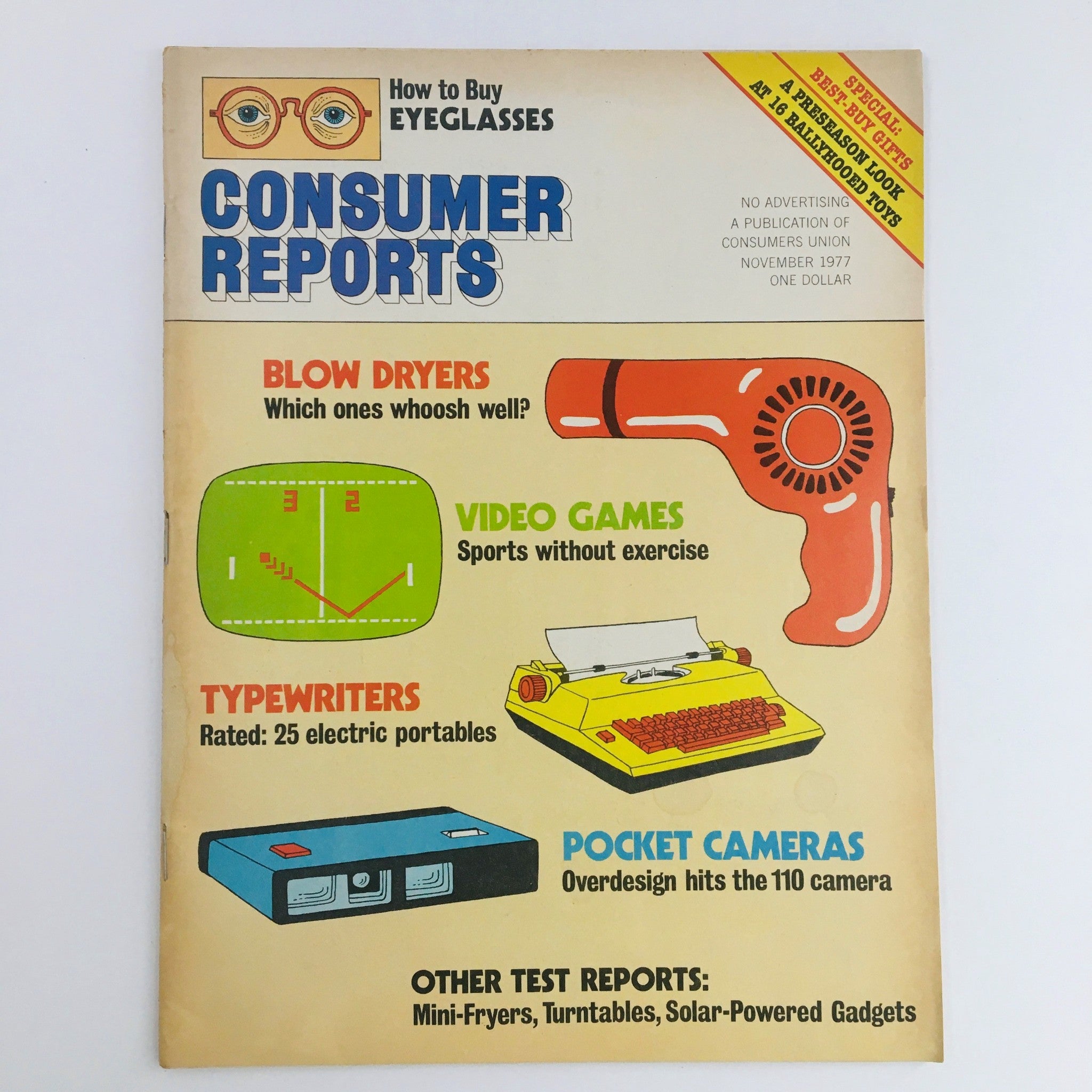 Consumer Reports Magazine November 1977 cover featuring articles on blow dryers, video games, typewriters, and pocket cameras. A preseason look at 16 ballyhooed toys.