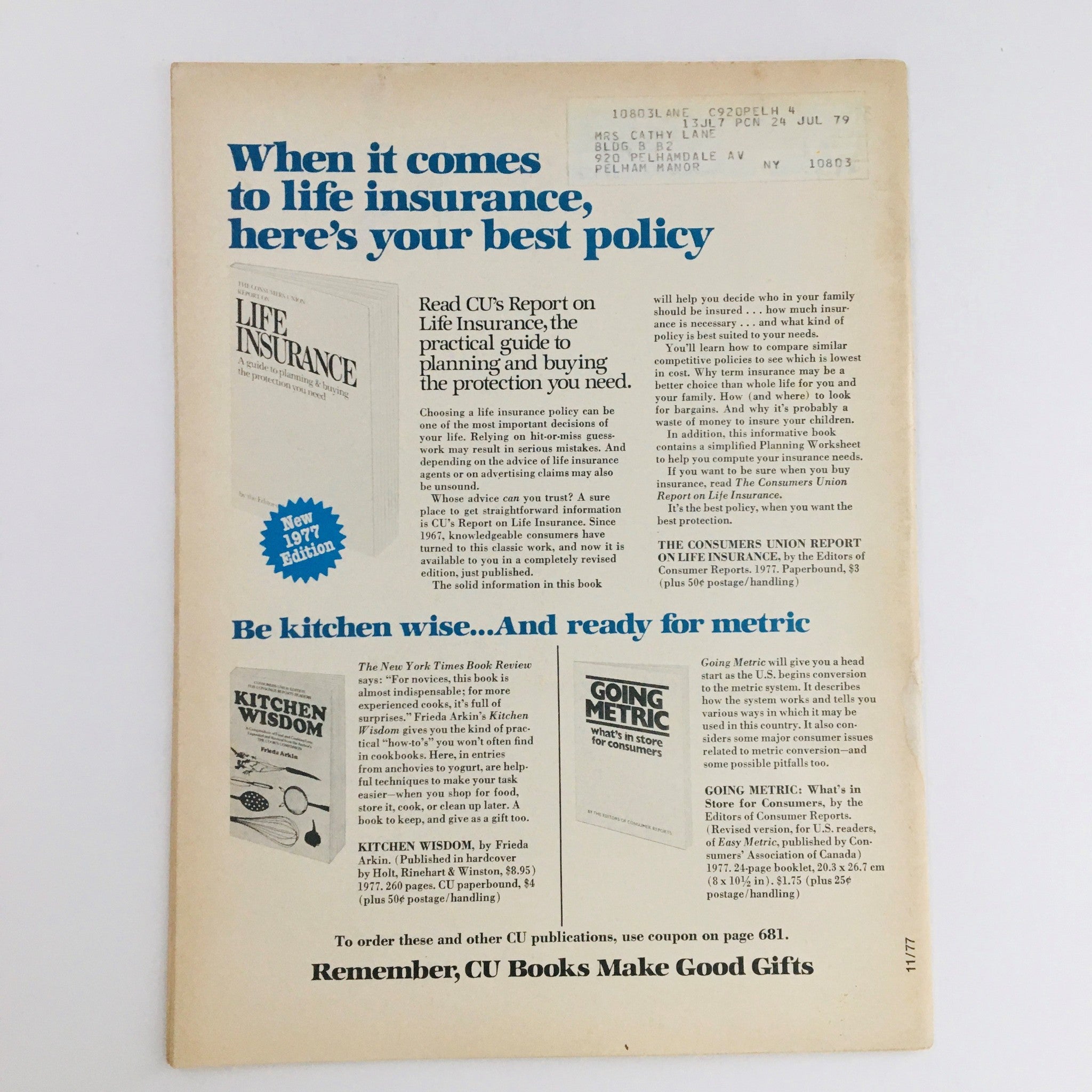 Back cover of Consumer Reports Magazine November 1977 displaying advertisements and information about life insurance and kitchen wisdom book recommendations.