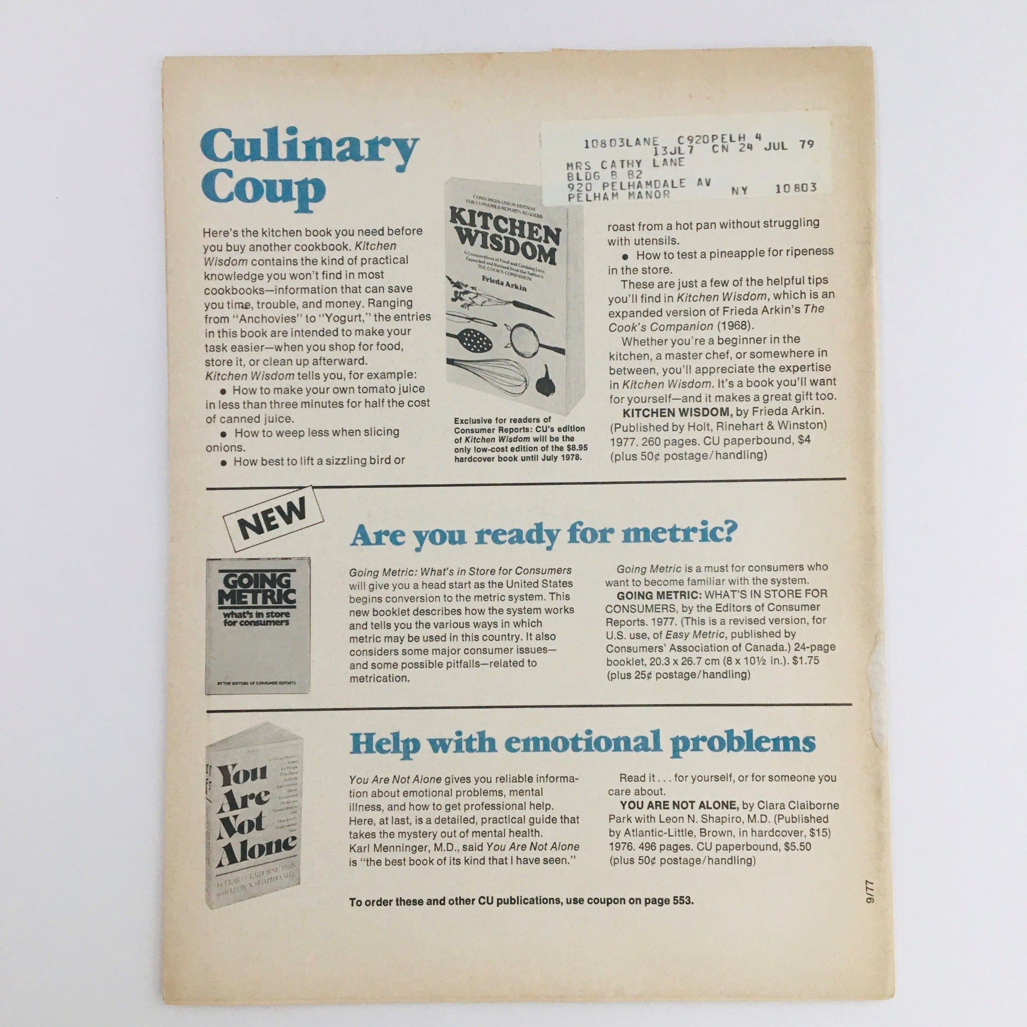 Consumer Reports Magazine September 1977 The Book Clubs & Medical Malpractice