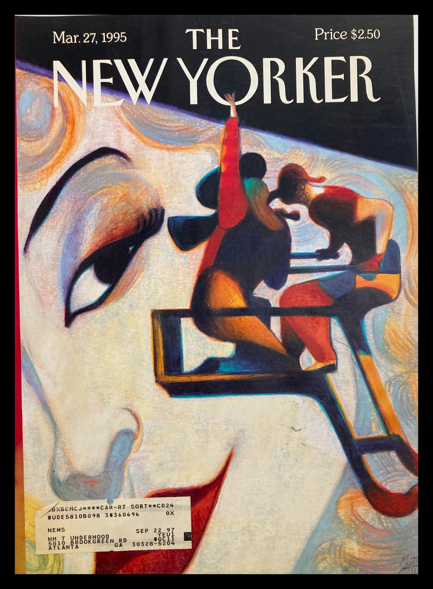 COVER ONLY The New Yorker March 27 1995 Oscar Closeup by Lorenzo Mattotti featuring a colorful artistic design, showcasing an intimate view of an Oscar statue and figures in motion, ideal for collectors and fans of vintage magazine art.