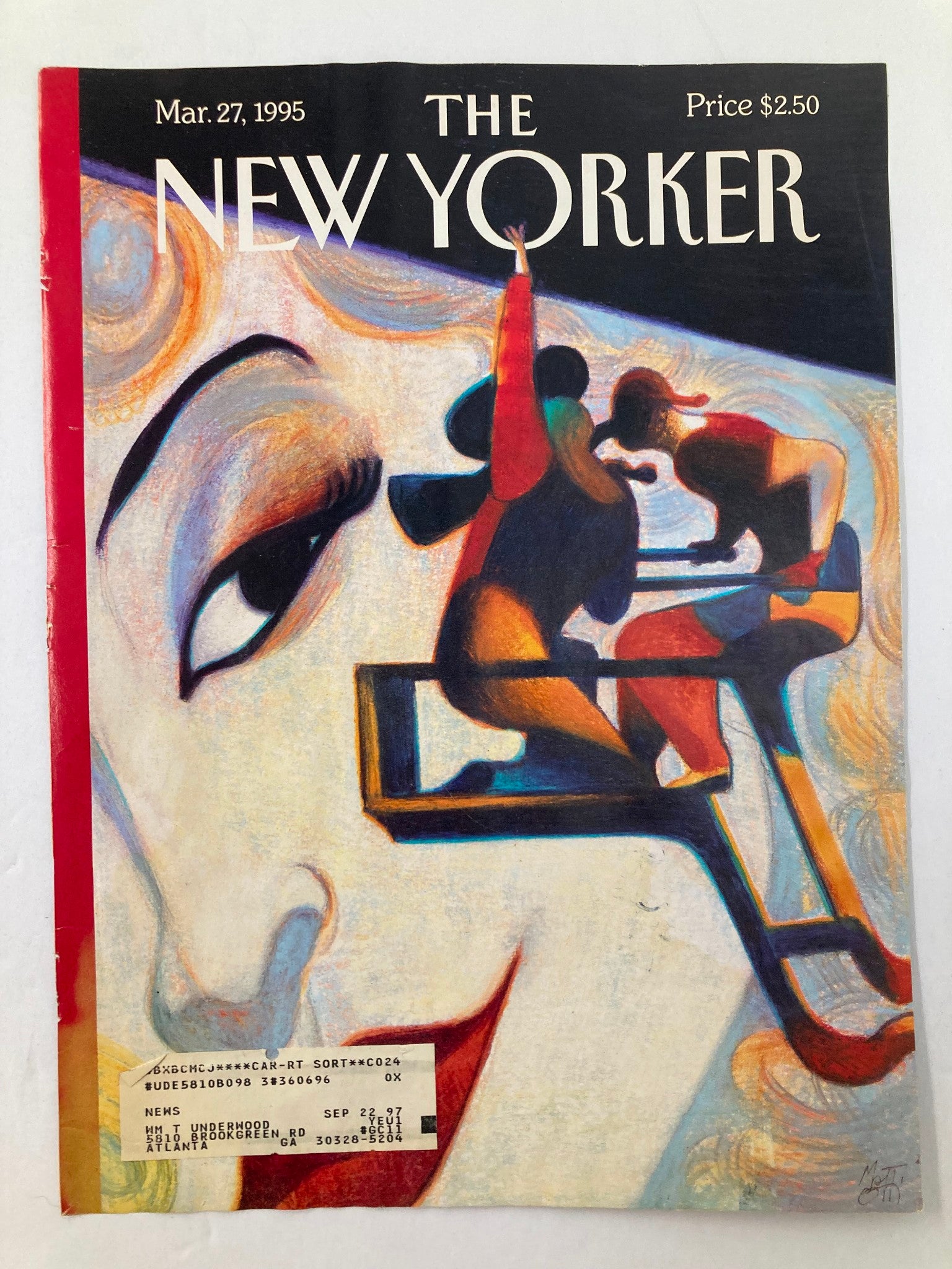 Cover of The New Yorker from March 27, 1995 featuring an Oscar closeup illustration by Lorenzo Mattotti. The cover showcases vibrant artwork and the title along with the price.