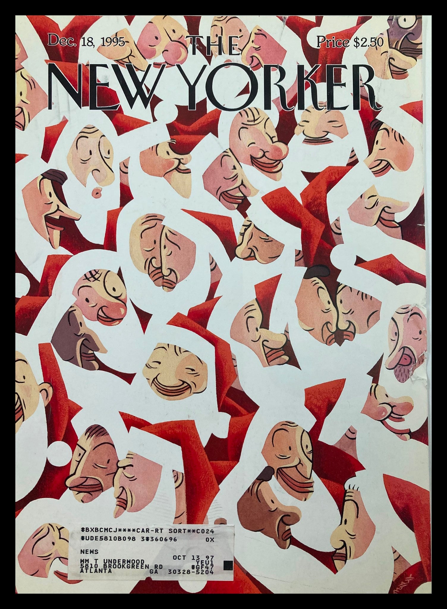 Cover art of The New Yorker December 18, 1995, titled 'Santa City' by Max, featuring joyful characters in red and white Christmas attire.
