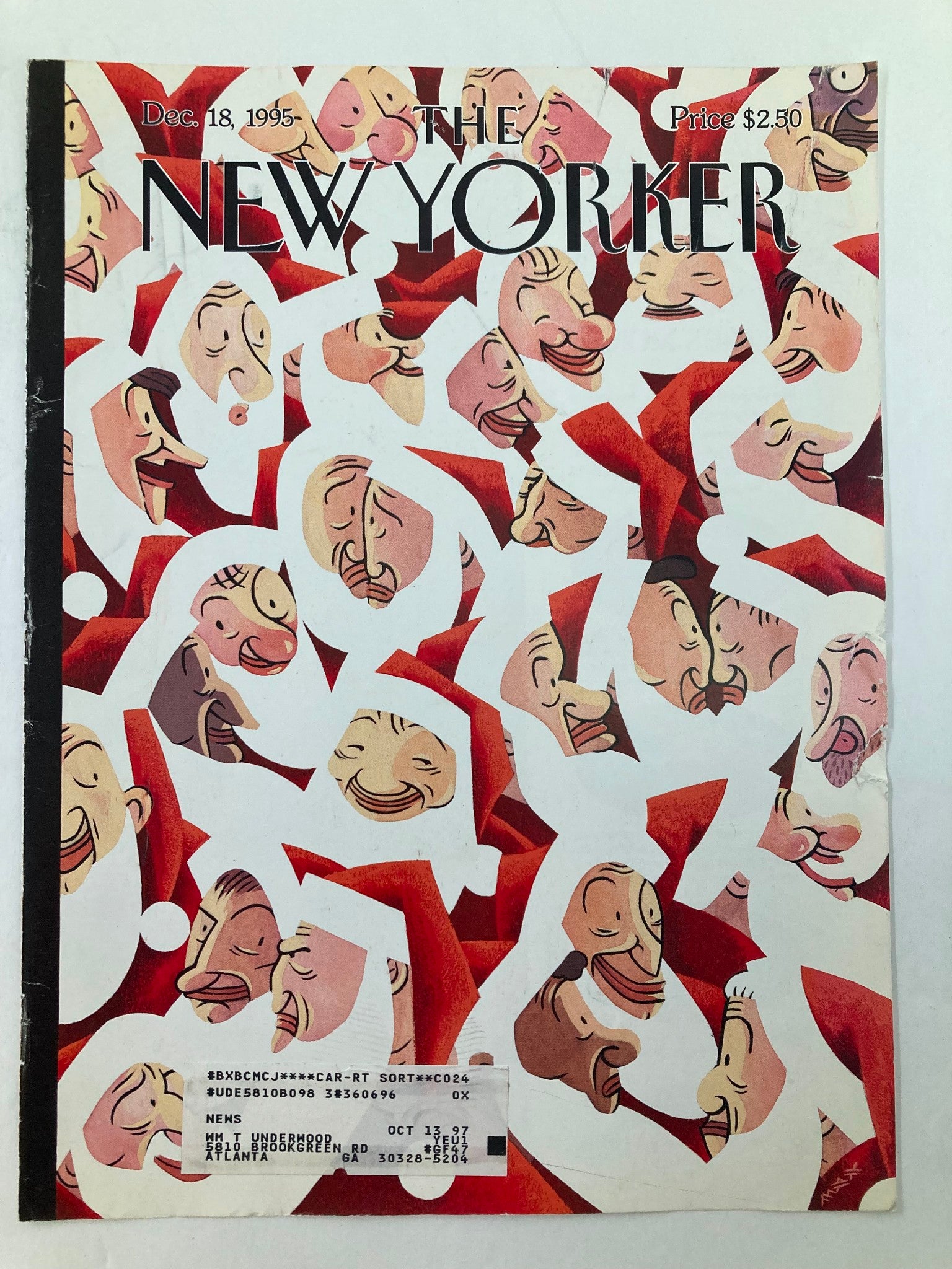 Cover image of The New Yorker December 18, 1995, 'Santa City' by Max, showcasing playful Santa figures against a vibrant background.
