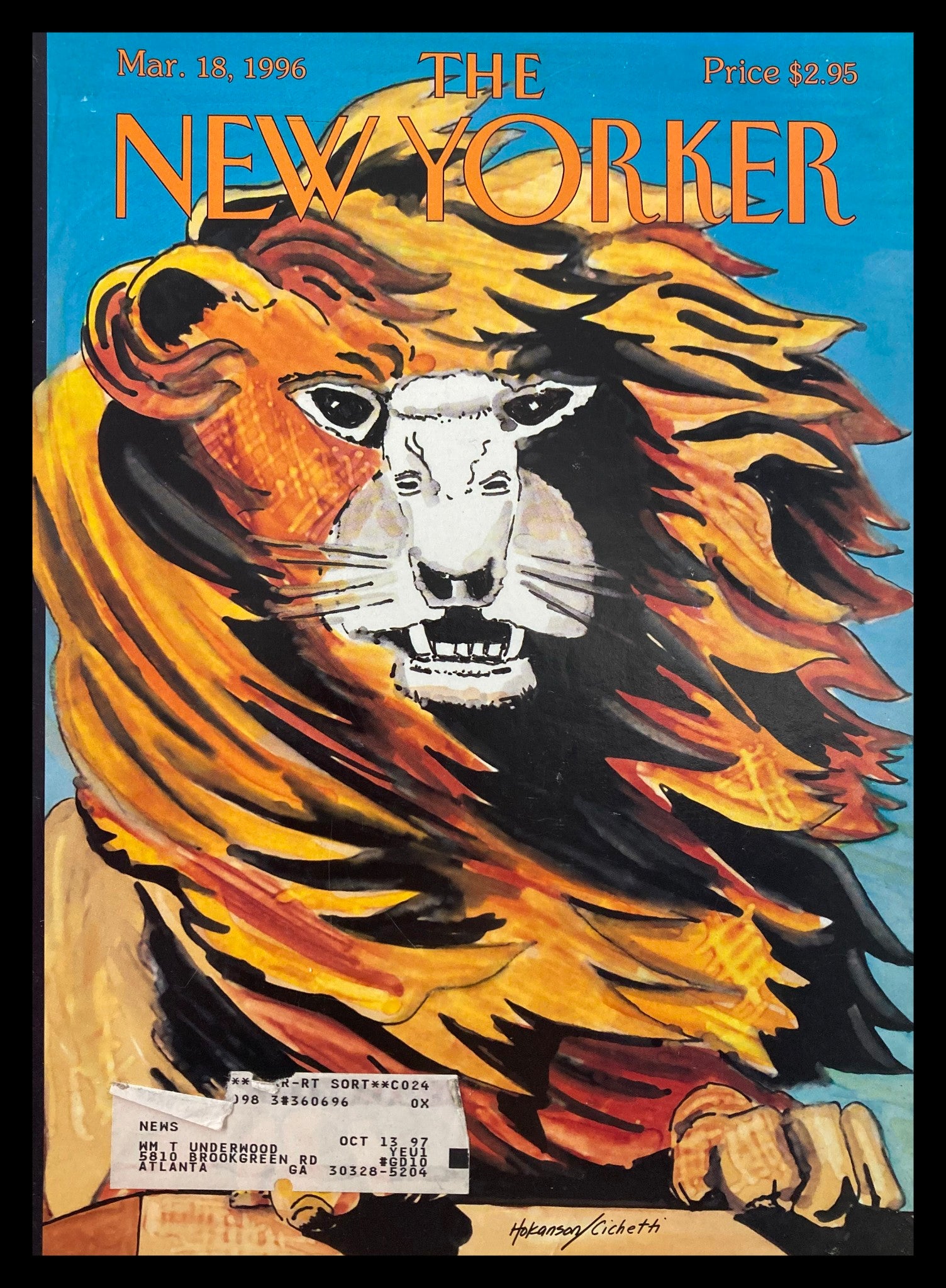 Cover of The New Yorker March 18 1996 featuring the artwork 'Lion and Lamb' by Lars Hokanson, showcasing a vibrant lion with a fiery mane.