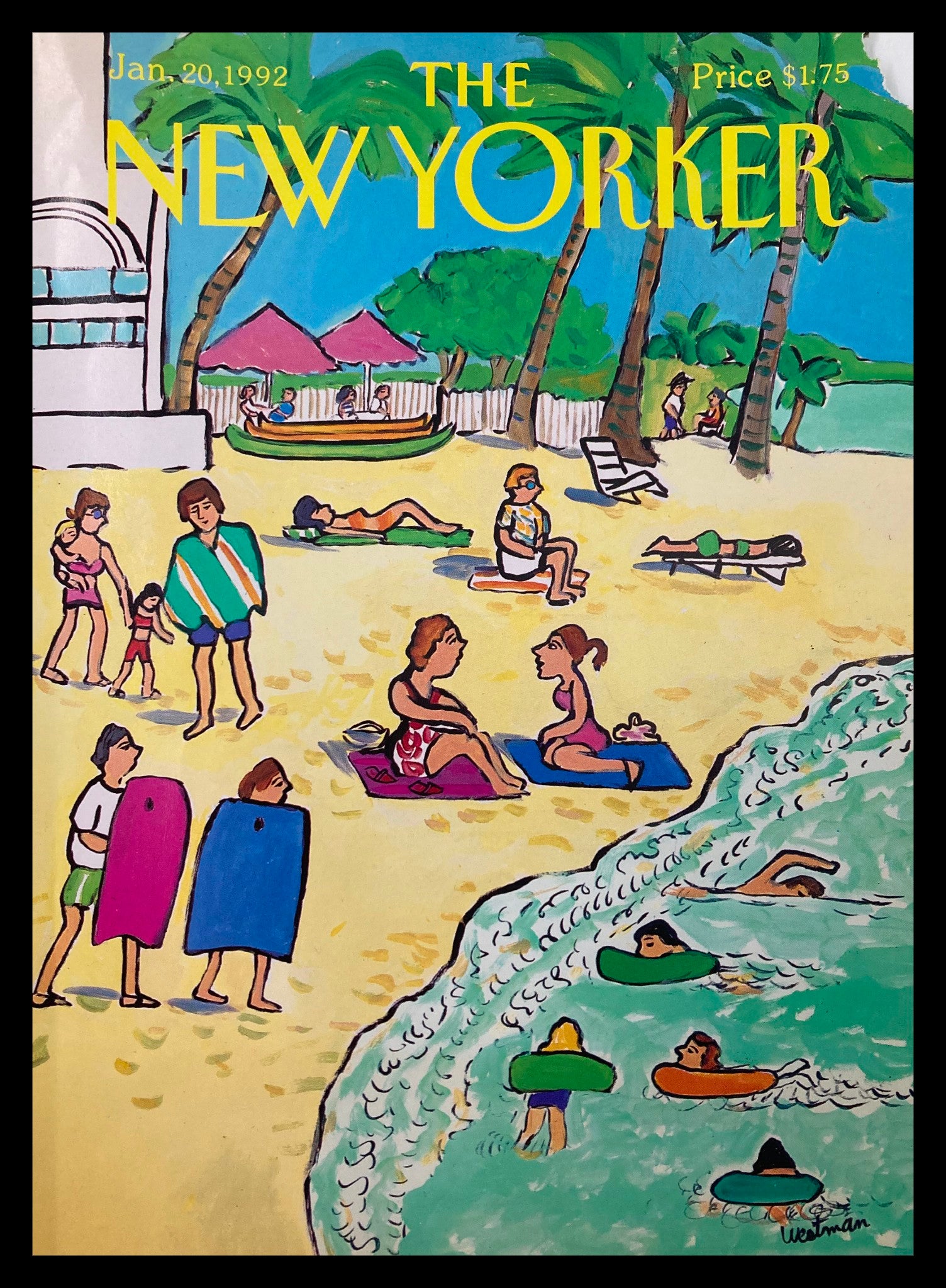 COVER ONLY The New Yorker January 20 1992 Beach Day by Barbara Westman No Label