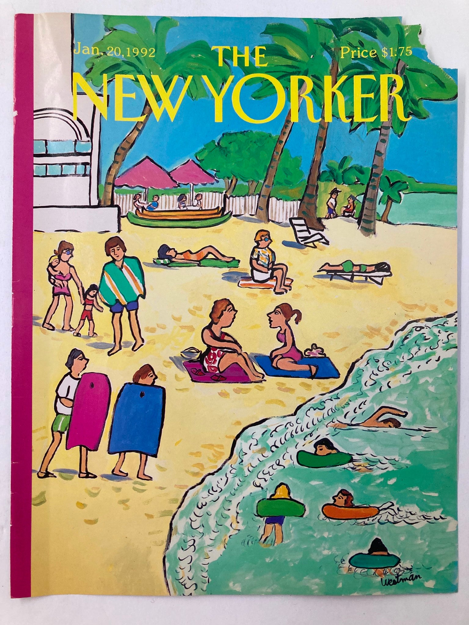 COVER ONLY The New Yorker January 20 1992 Beach Day by Barbara Westman No Label