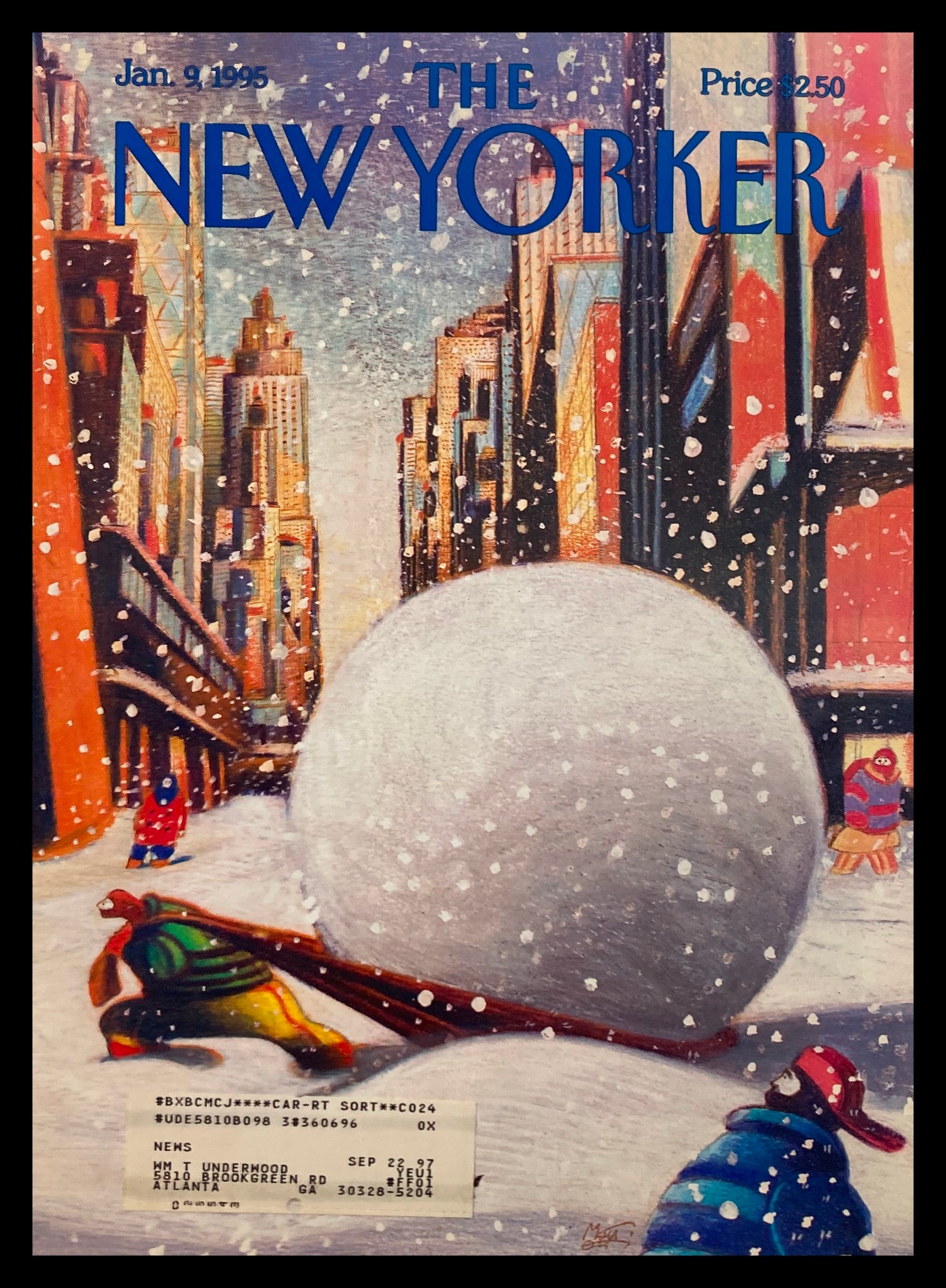 COVER ONLY The New Yorker January 9 1995 Snow Haul by Lorenzo Mattotti