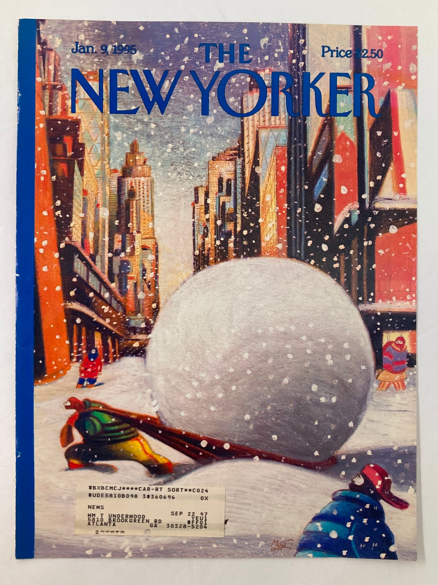 COVER ONLY The New Yorker January 9 1995 Snow Haul by Lorenzo Mattotti