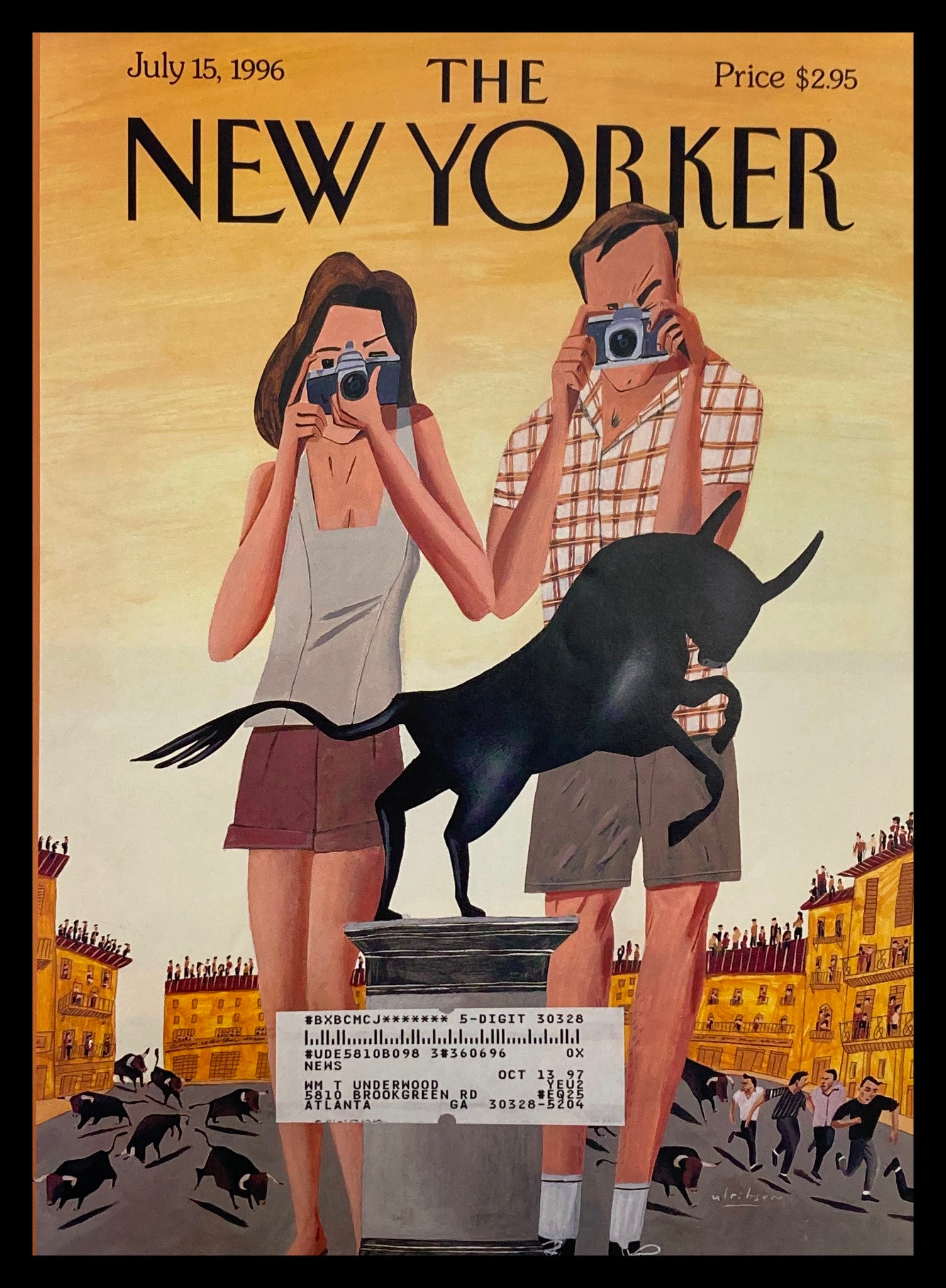 COVER ONLY The New Yorker July 15 1996 Double Exposure by Mark Ulriksen, featuring an illustration of a couple taking photographs in a vibrant, artistic style.