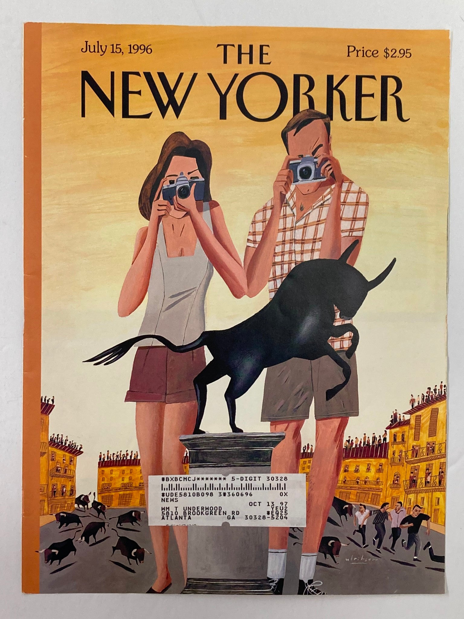 Cover Only of The New Yorker dated July 15, 1996, featuring the artwork "Double Exposure" by Mark Ulriksen, showcasing two individuals with cameras and a black dog in an artistic urban setting.