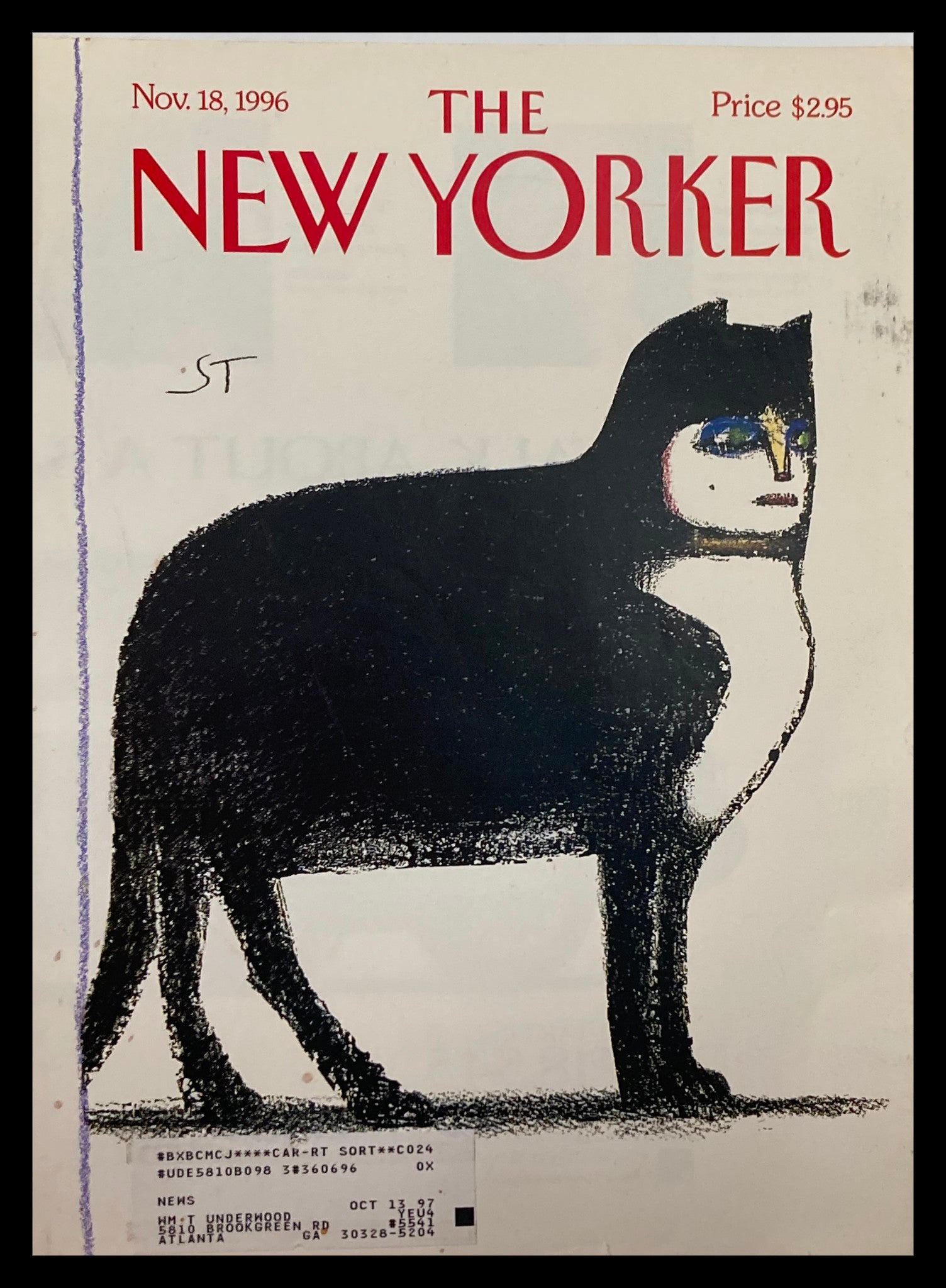 COVER ONLY The New Yorker November 18 1996 Cat by Saul Steinberg