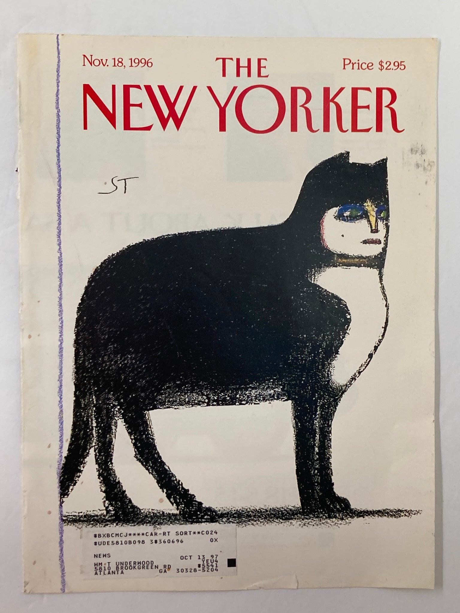 COVER ONLY The New Yorker November 18 1996 Cat by Saul Steinberg