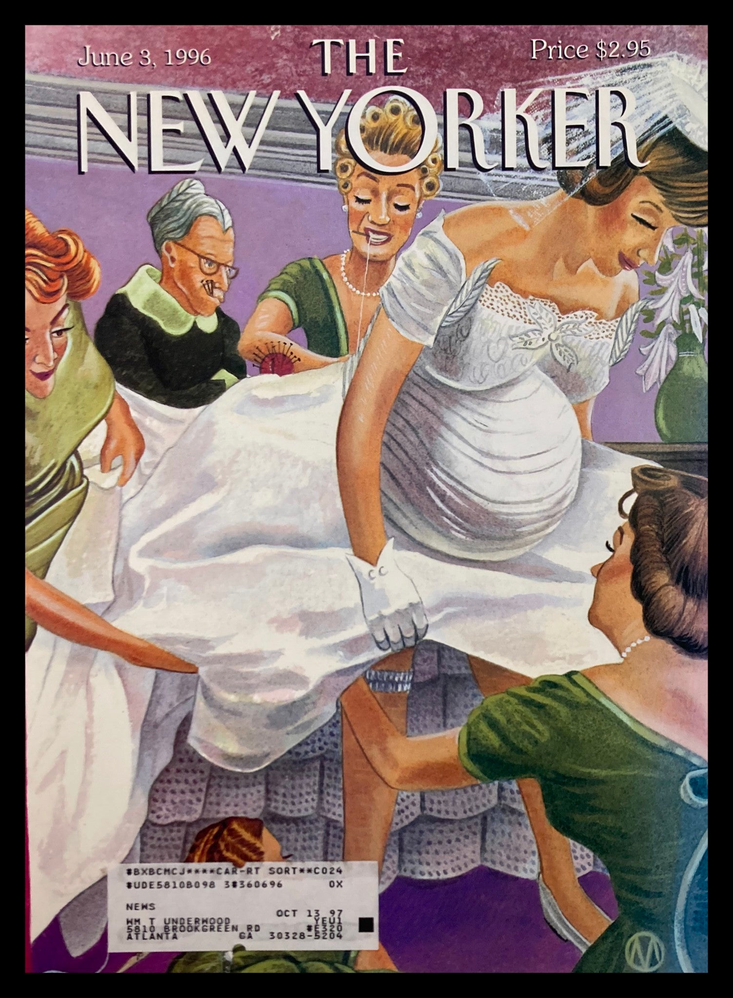 The New Yorker cover from June 3, 1996, titled 'Altared States' showcasing a whimsical illustration of a pregnant bride being attended to by a group of women, highlighting the vibrant colors and detailed artwork.