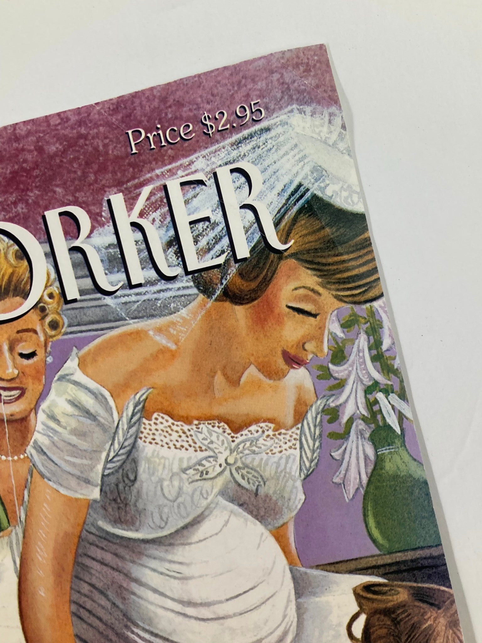 Close-up view of The New Yorker cover from June 3, 1996, titled 'Altared States', emphasizing the intricate details of the pregnant bride's dress and the cover's text, showcasing its artistic significance.