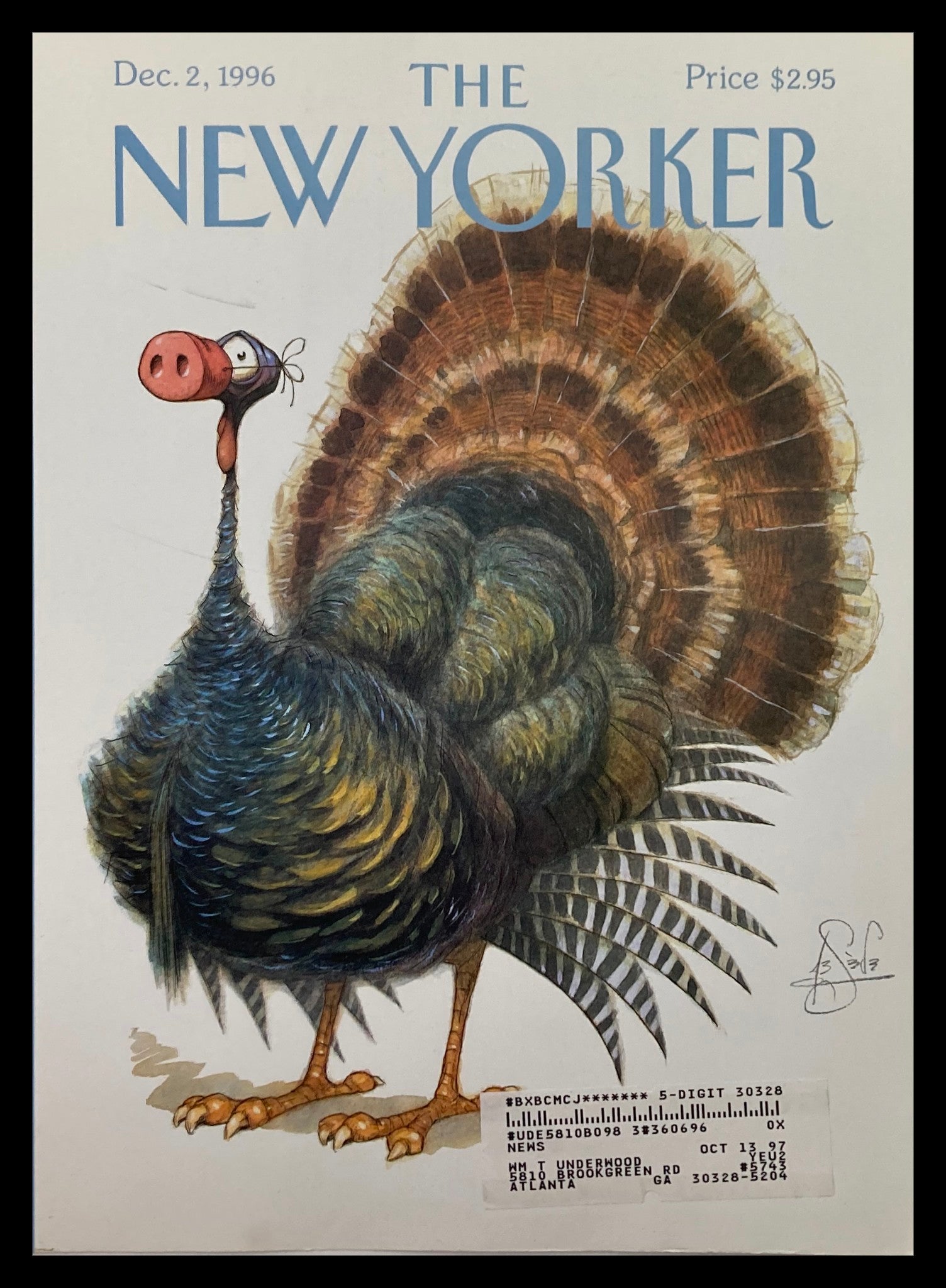Cover of The New Yorker dated December 2, 1996, featuring the whimsical 'Dressed Turkey' illustration by Peter de Seve, showcasing a colorful turkey with a humorous expression.