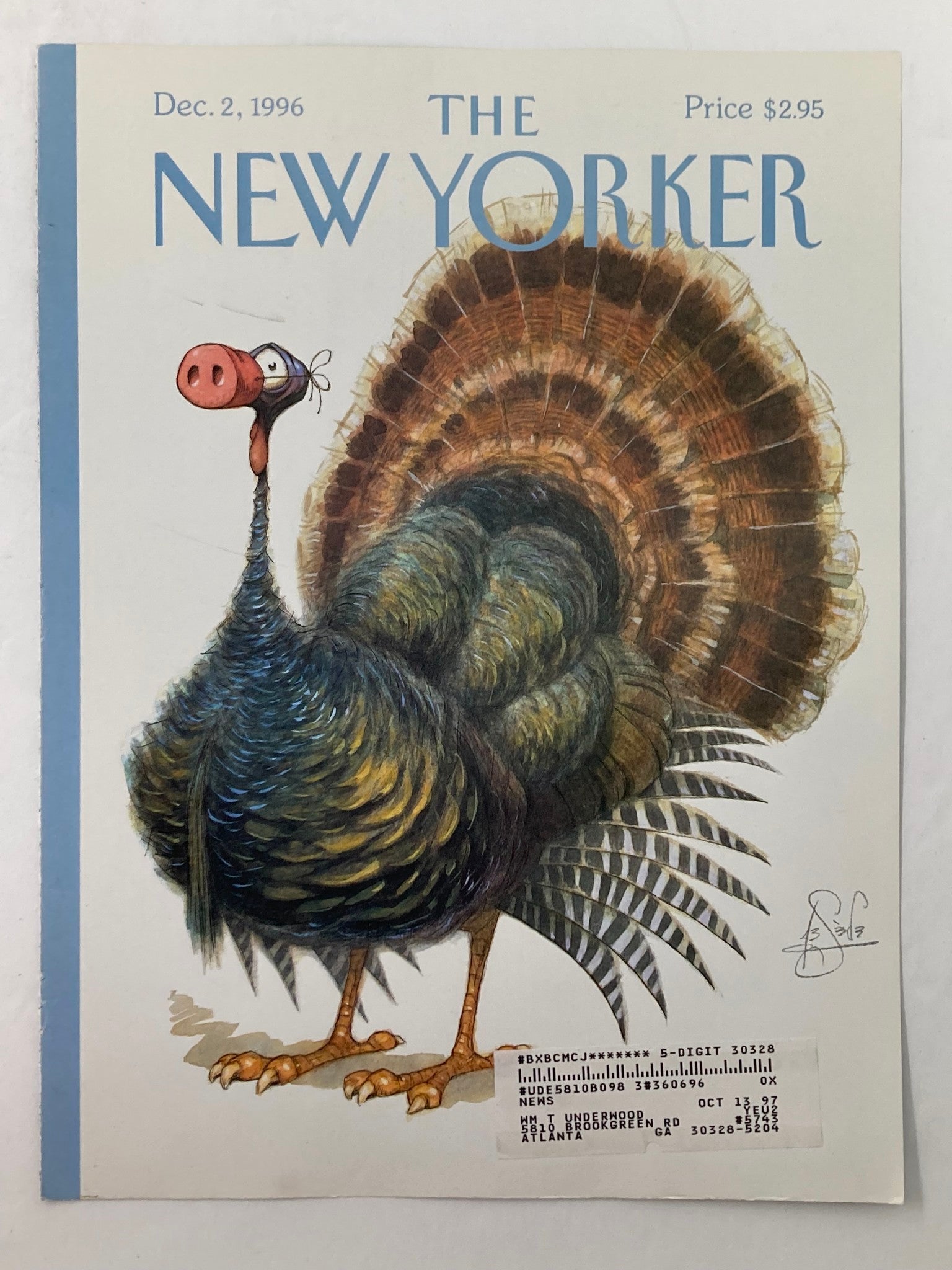 Cover of The New Yorker from December 2, 1996, highlighting the playful 'Dressed Turkey' artwork by Peter de Seve, depicting a vibrant turkey with amusing facial features.