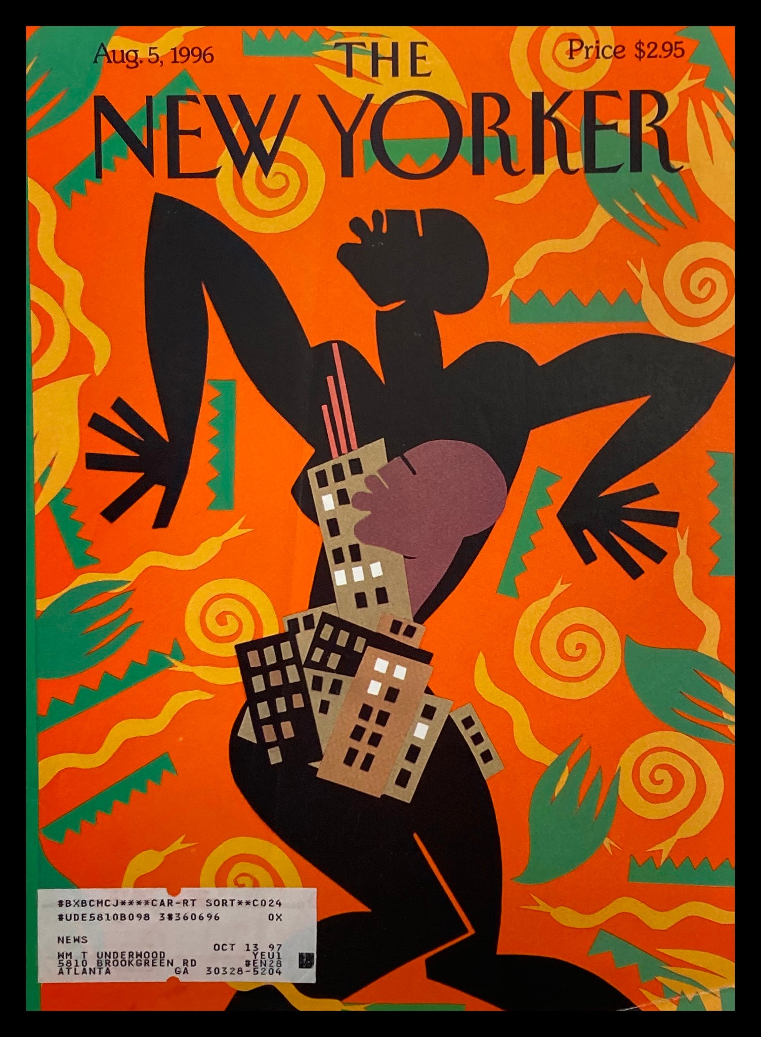 Cover of The New Yorker August 5, 1996 featuring the illustration 'Helter Swelter' by Michael Roberts, showcasing a vibrant orange background with abstract figures and buildings.